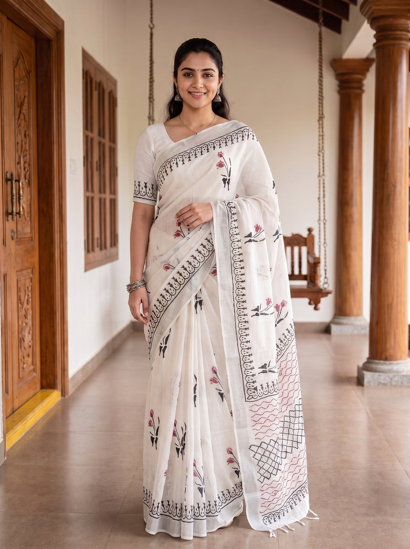 A woman wearing a white saree with black and pink floral embroidery, standing in a traditional corridor with wooden pillars.