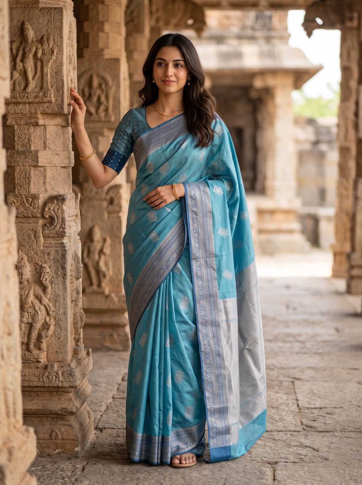 Semi Silk Teal Blue Saree with Antique Silver Zari Jaal Pallu and Floral Vine Border