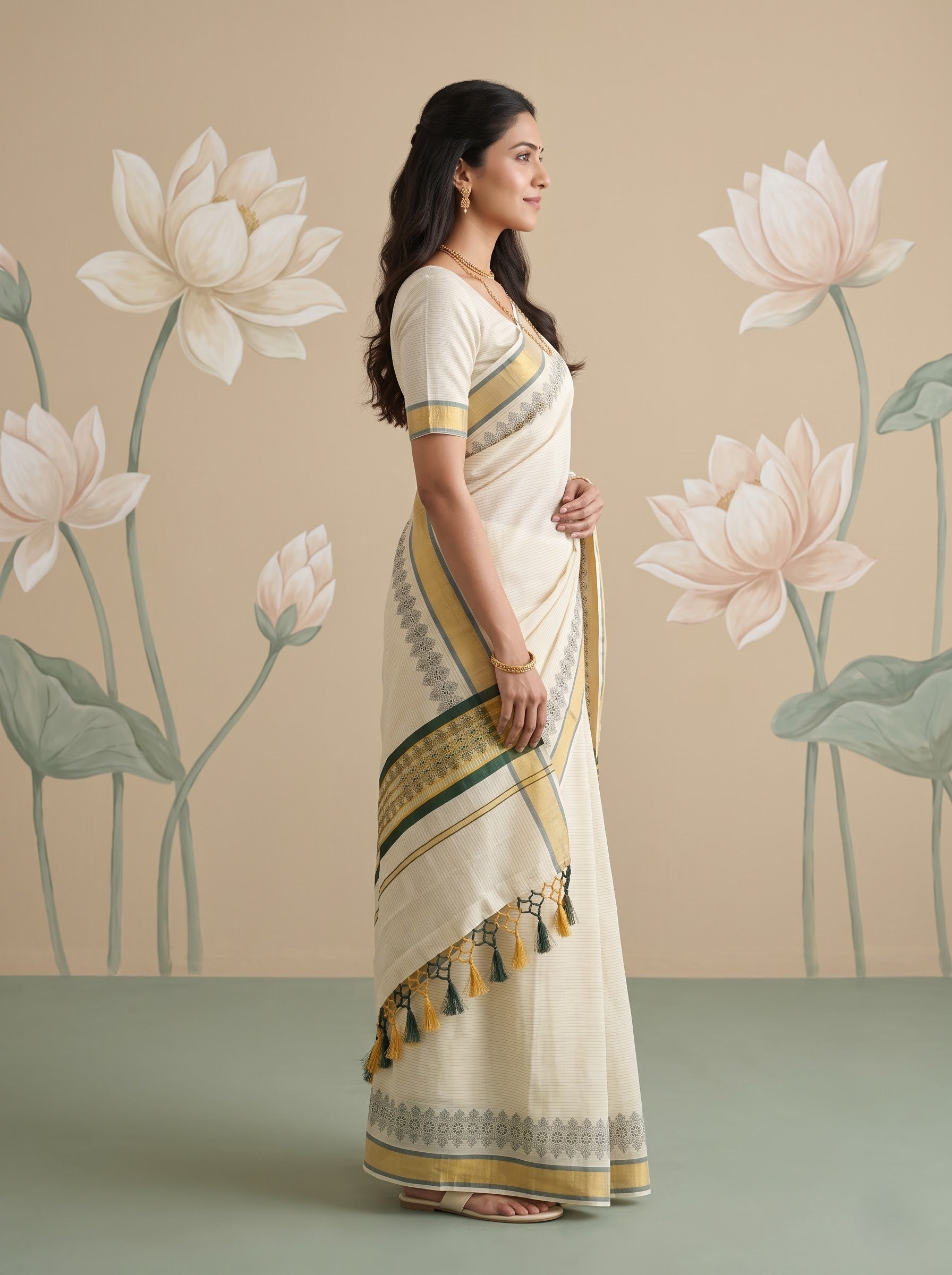 A woman wearing a cream-colored sari with green and gold border details stands in profile against a beige wall decorated with large lotus flowers.