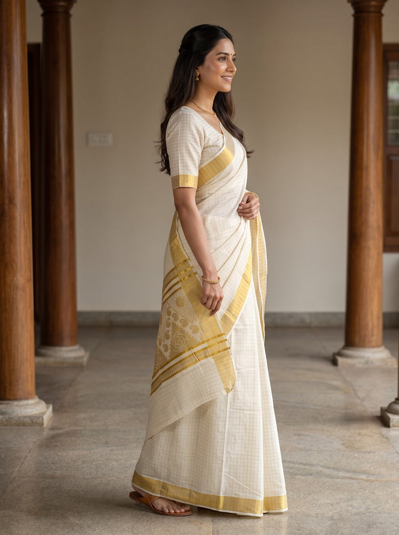 A woman wearing a cream-colored cotton saree with yellow-gold border patterns, standing in profile in a corridor with wooden pillars.