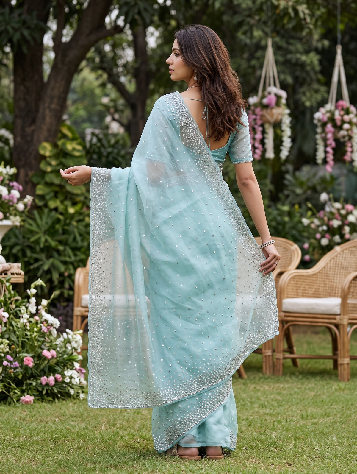 Organza Aqua Blue Pearl Sequin Stone Work Scattered Embroidered Saree