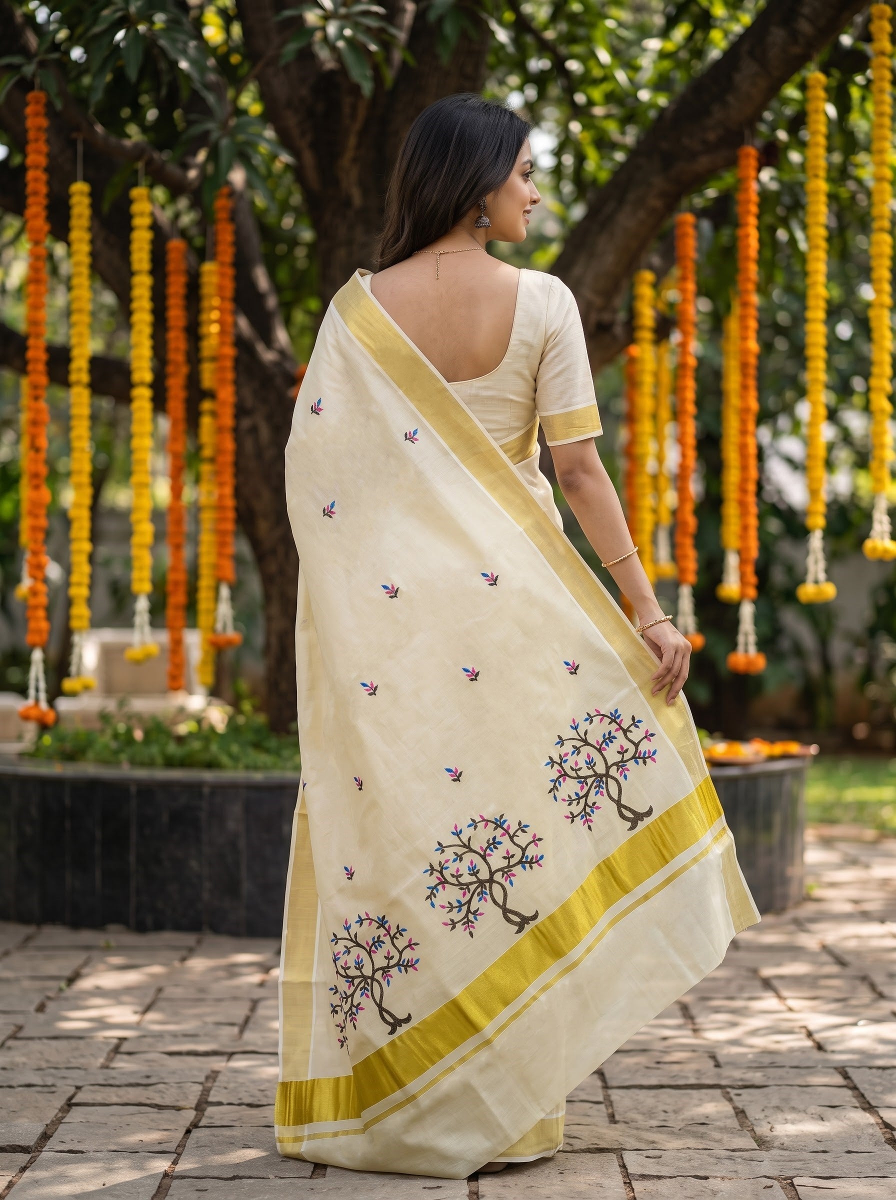Tissue Cream Multicolor Tree Branch Print Onam Special Kerala Saree