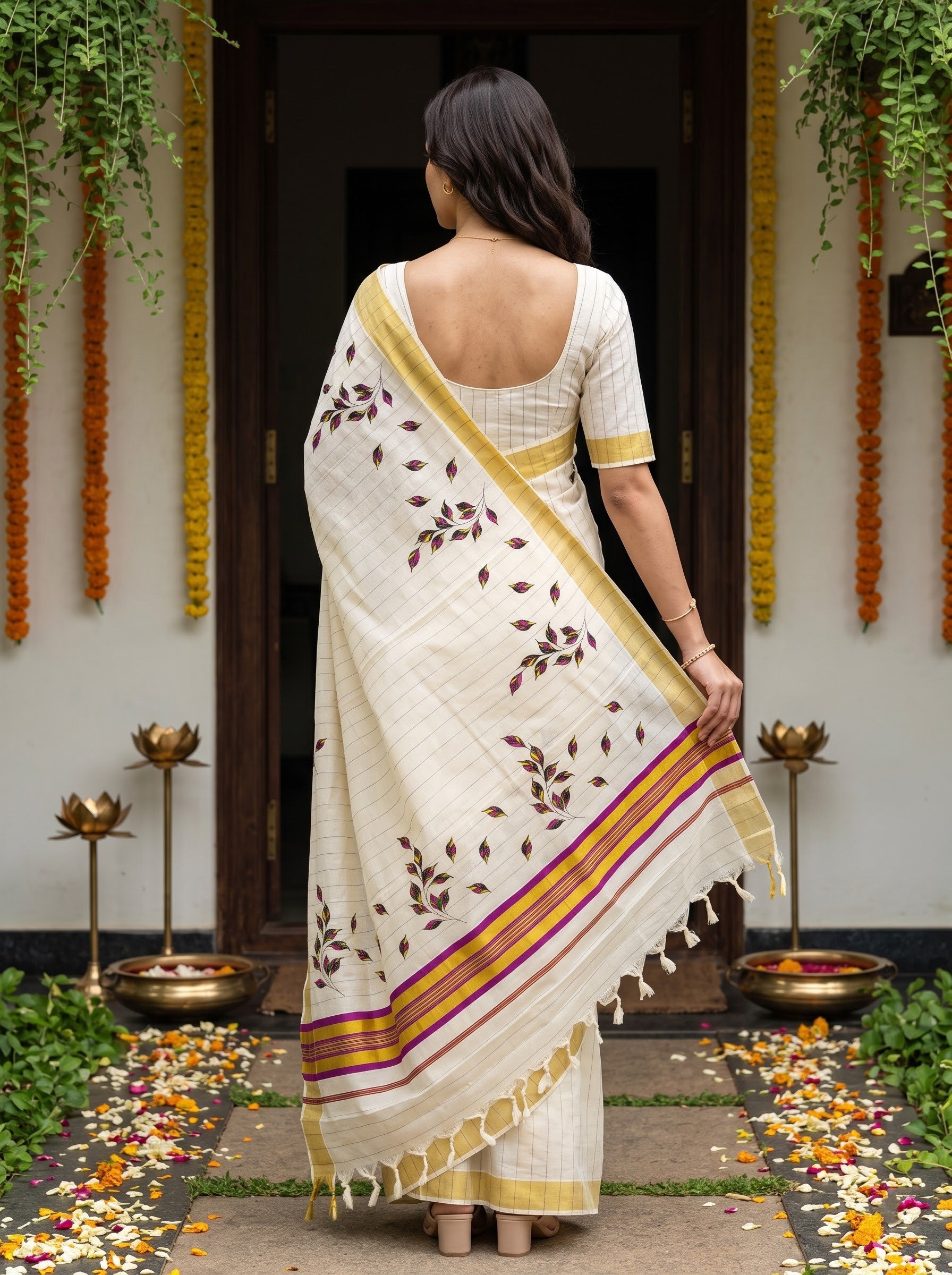 Cotton Cream Purple Yellow Leaf Vine Print with Golden Zari Border Onam Special Kerala Saree