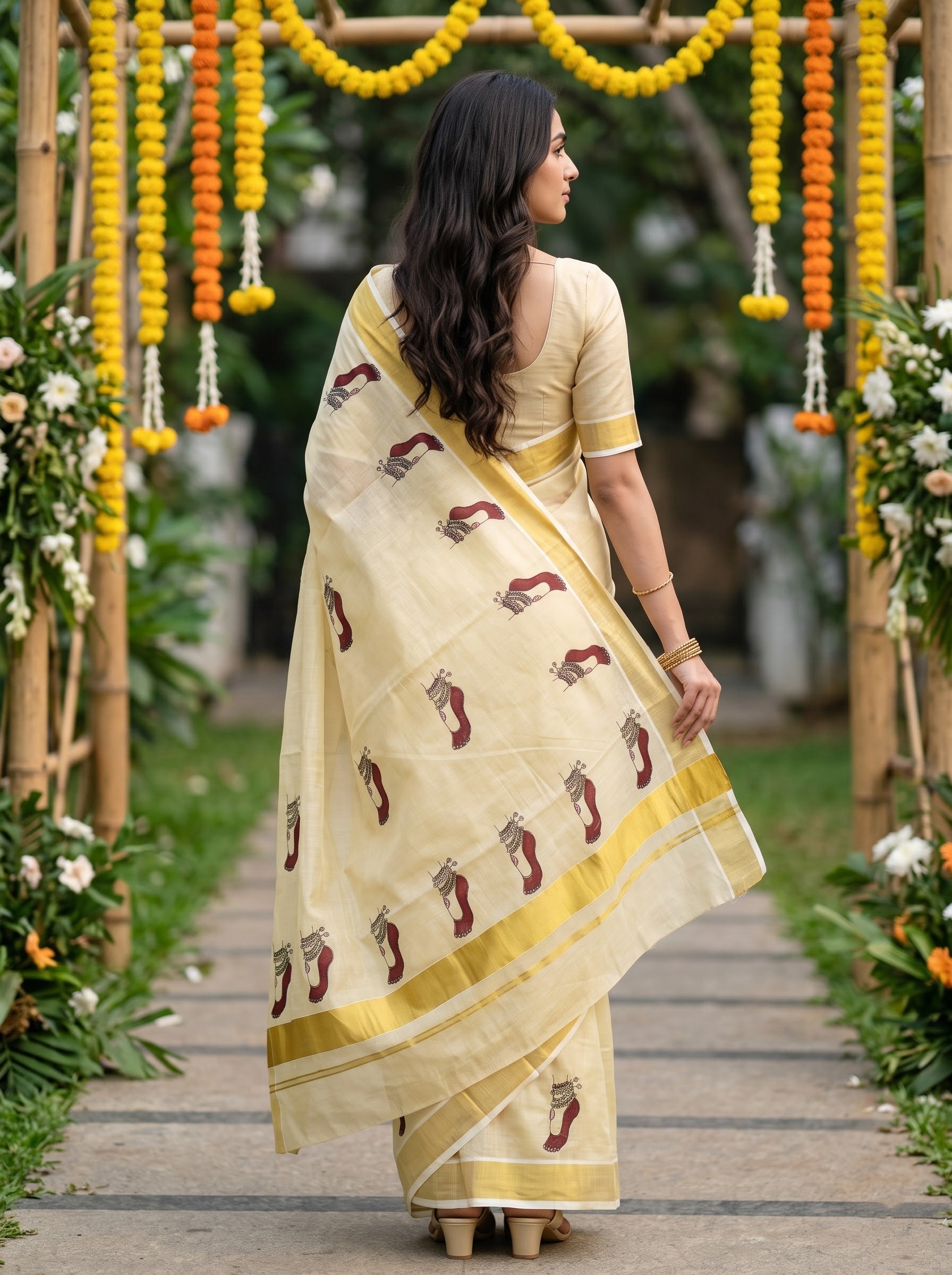 Tissue Golden Feet Motif Print with Golden Zari Border Onam Special Traditional Kerala Saree