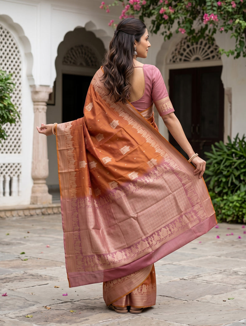 A woman wearing a peach and pink silk saree with gold zari embroidery, photographed from behind in an outdoor courtyard setting.