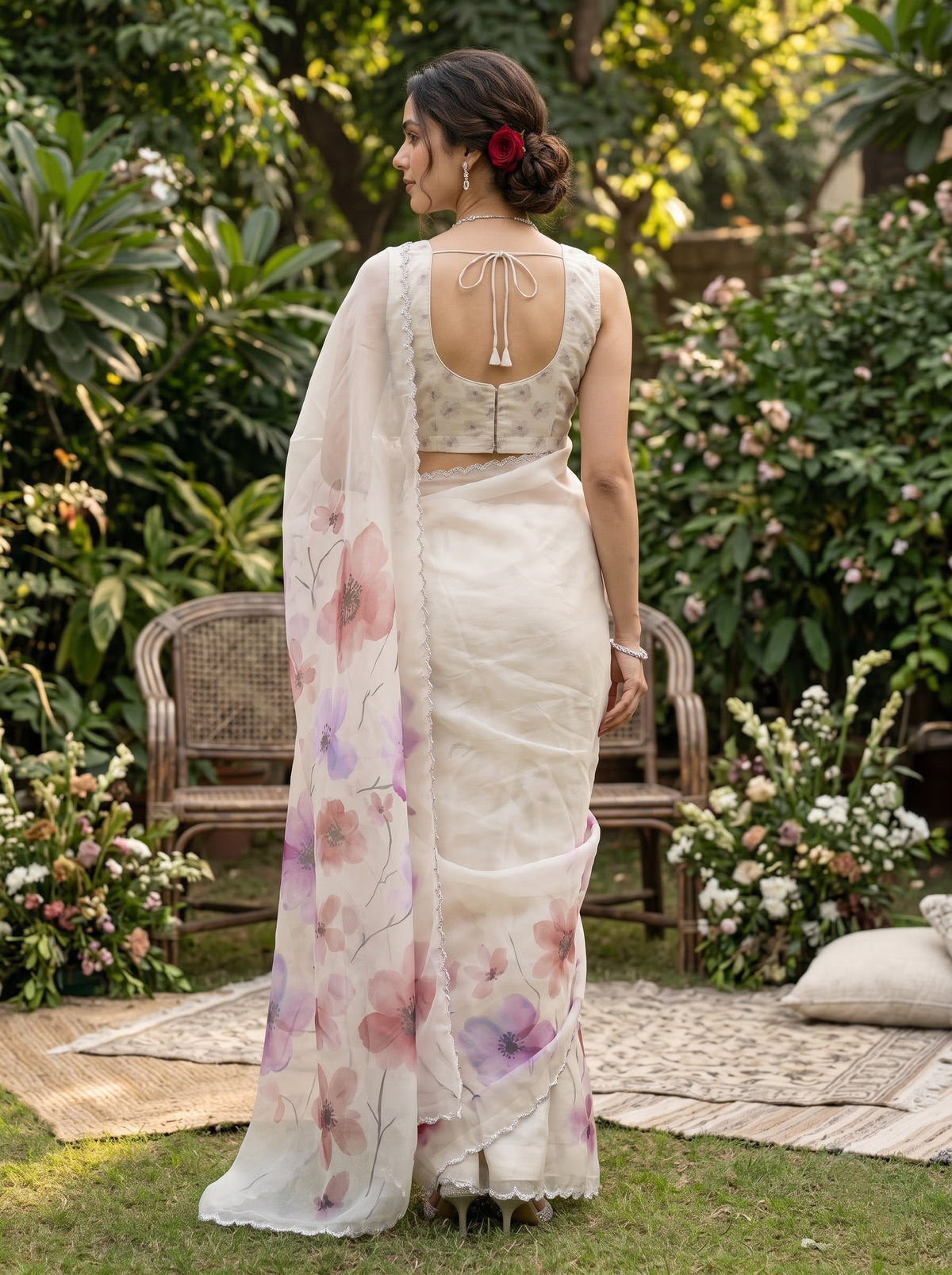 Organza Cream Saree with Lavender Pink Watercolor Floral Print Pallu and Stone Scalloped Border