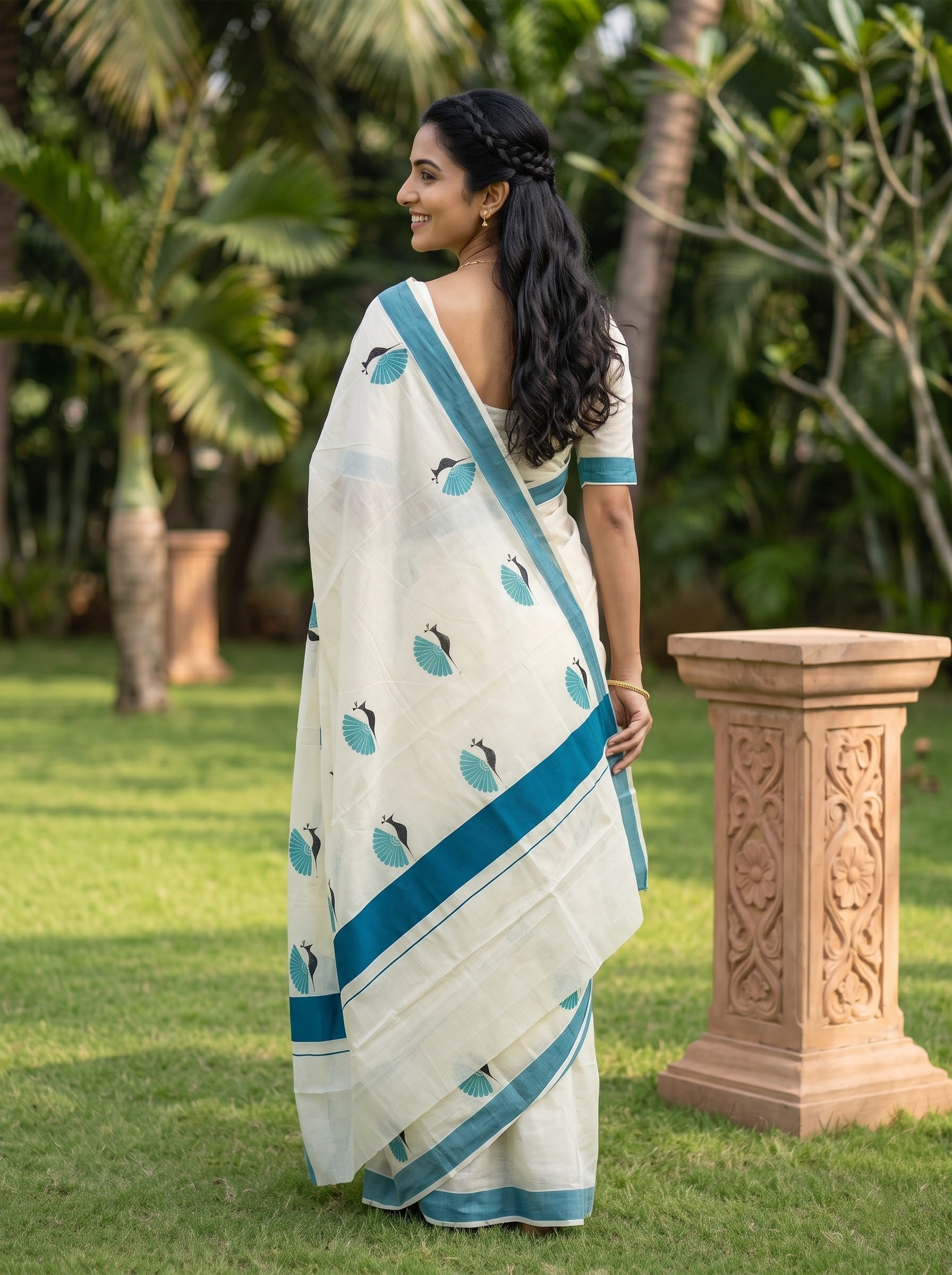 Cotton Off-White Teal Bird Motif Onam Special Kerala Saree with Solid Blue Border