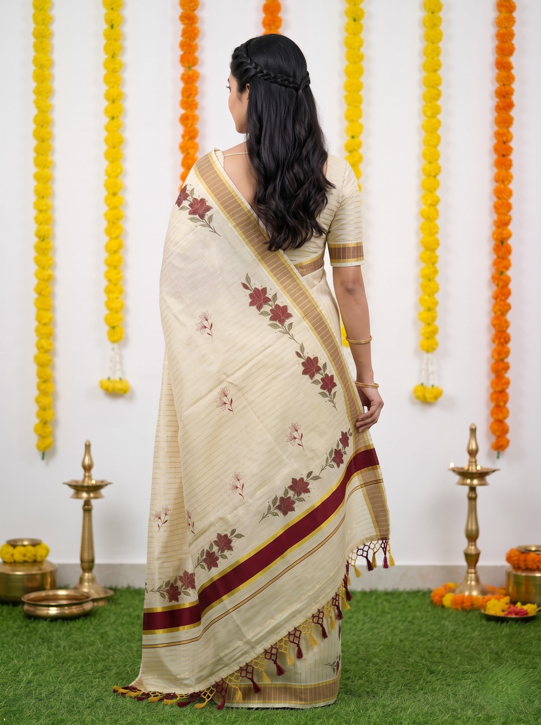 Tissue Golden Pinstripe with Maroon Rose Print and Golden Border Onam Special Kerala Saree