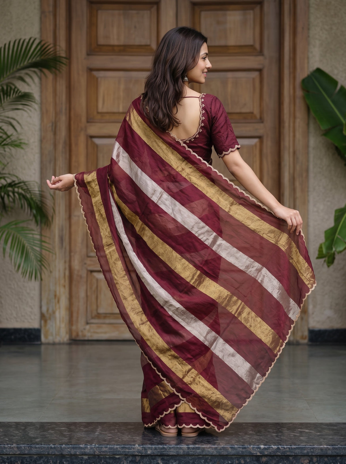 Organza Maroon Golden & Silver Zari Striped Saree with Stone Studded Scalloped Border