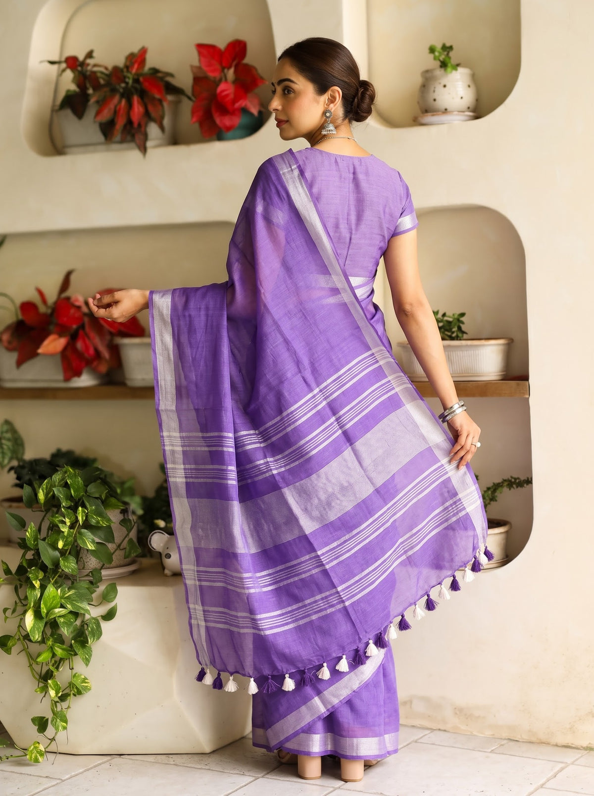 Linen Violet Silver Zari Stripe Pallu Saree with Border and Purple White Tassels