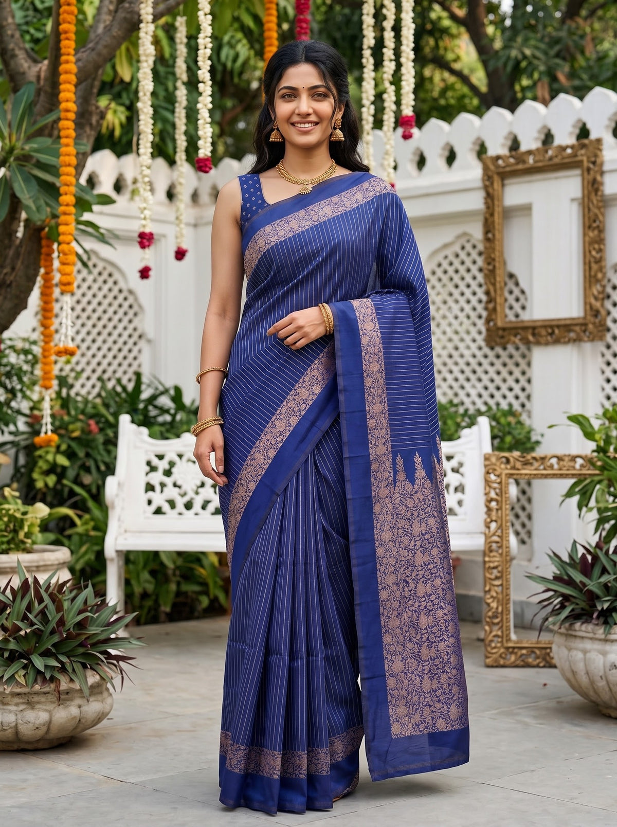 Semi Silk Navy Blue Saree with Zari Floral Vine Pallu and Striped Body