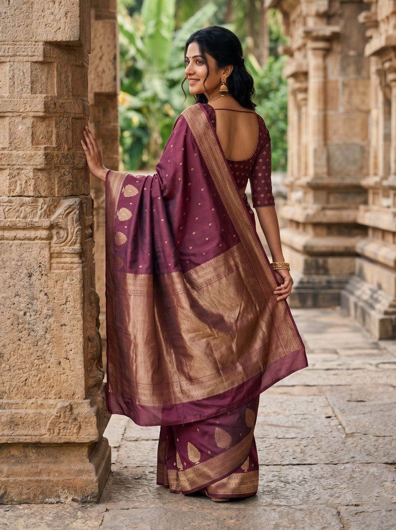A woman wearing a deep purple and gold saree stands in a stone corridor, looking over her shoulder. The saree has a deep purple body with gold motifs and a gold border, paired with a matching purple blouse.