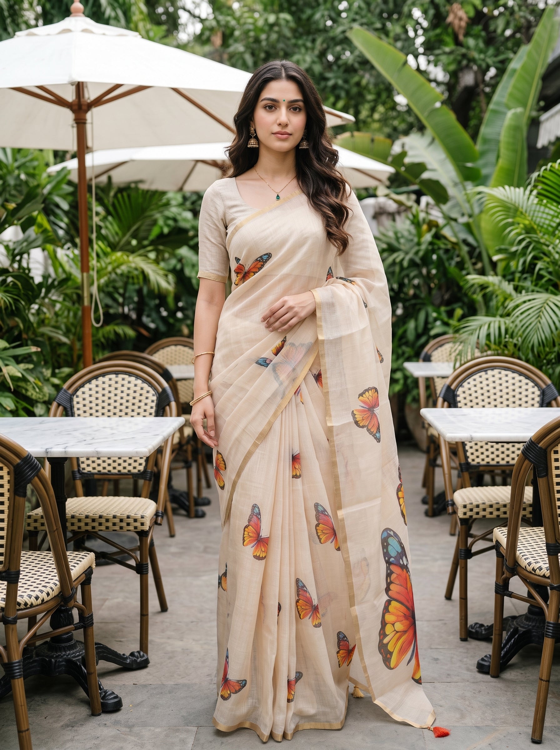 A woman wearing a beige saree with colorful butterfly prints stands in an outdoor patio setting with tables and umbrellas.