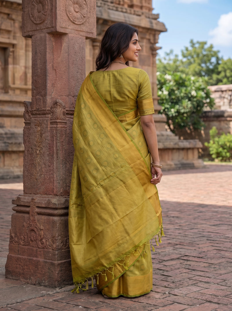 A woman wearing a yellow-green silk saree stands outdoors next to a stone pillar, viewed from behind to show the drape and border details of the fabric.