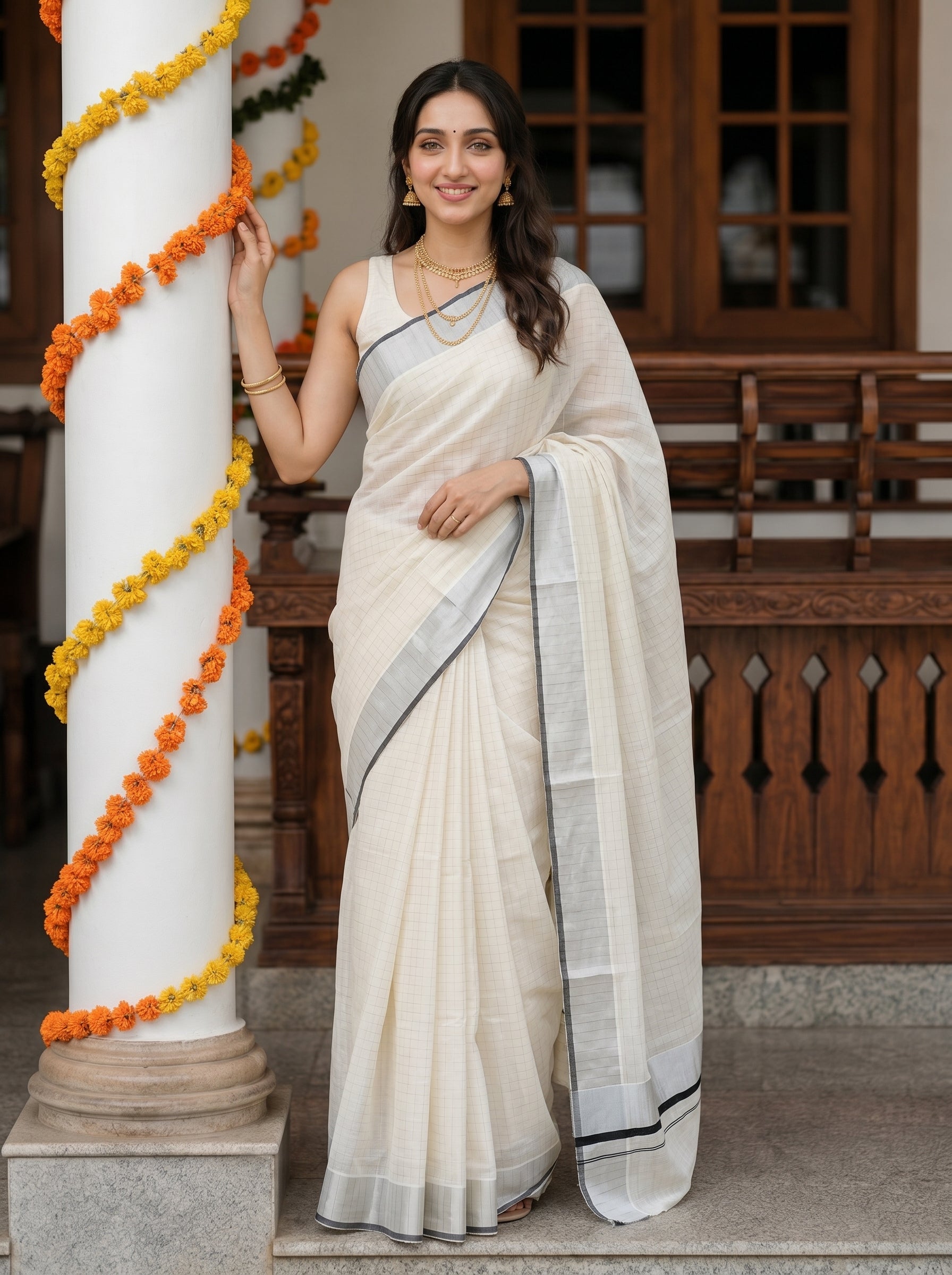 Woman in a white saree standing next to a decorated column with flowers.