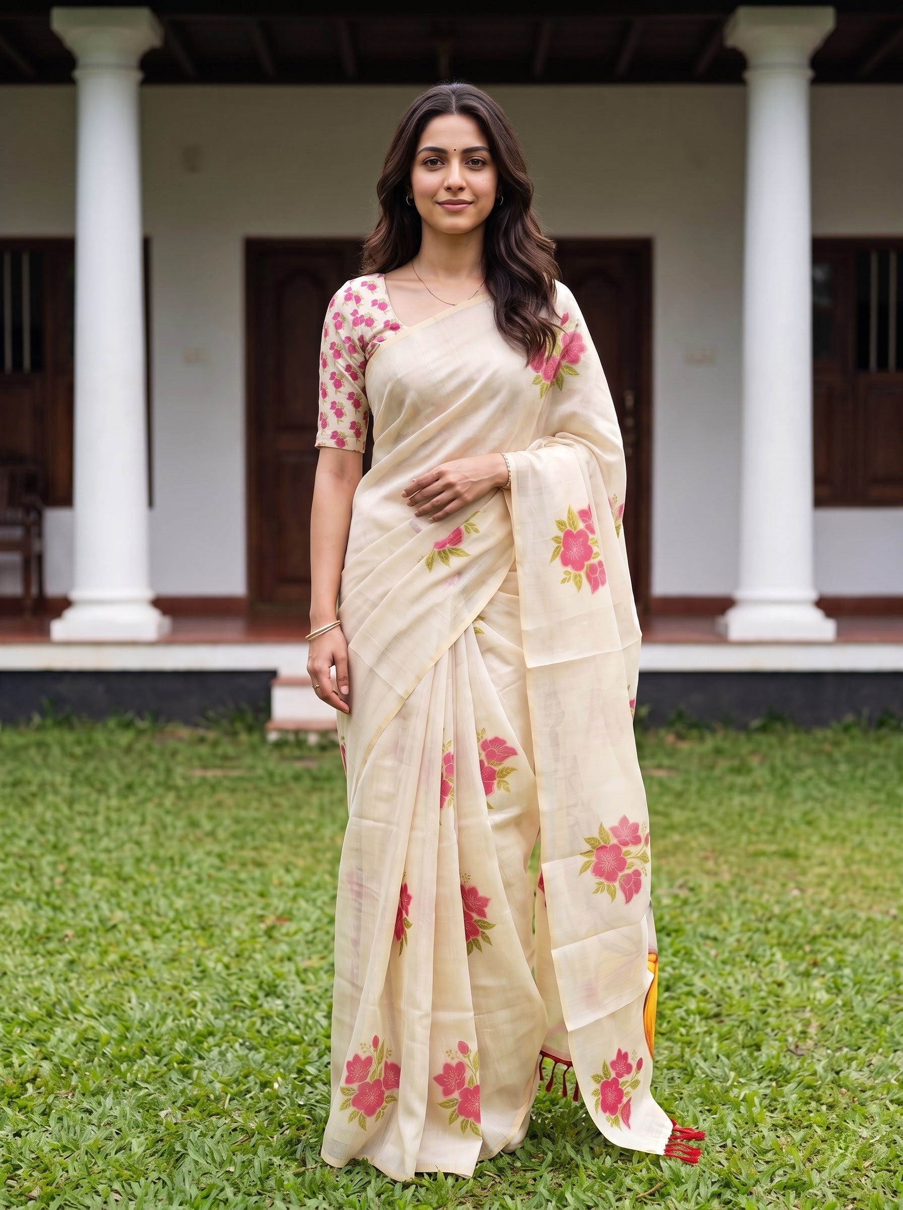 Tissue Cream Floral Print Onam Special Kerala Saree with Krishna Butter Pot Pallu