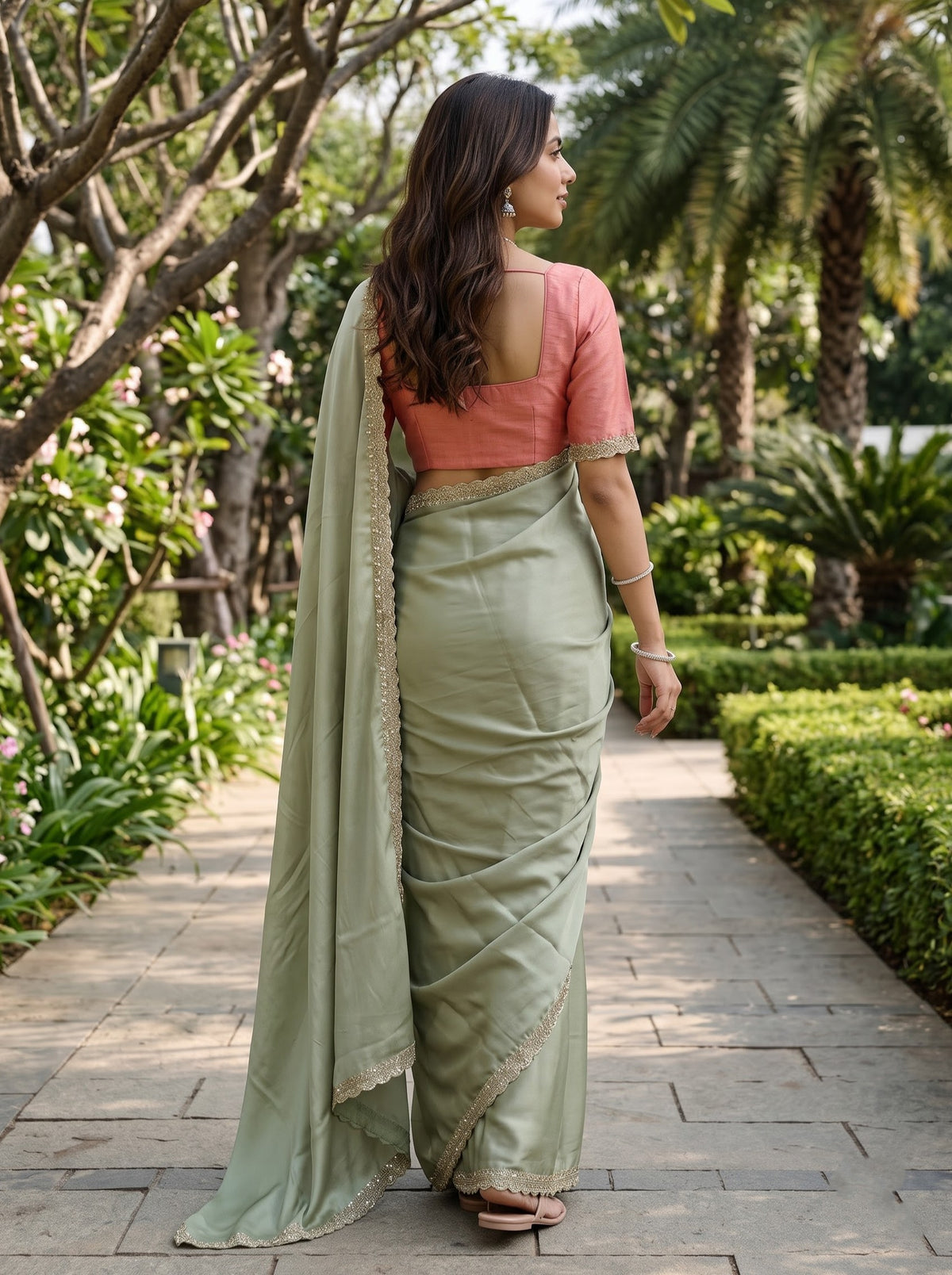 Satin Sage  Green Saree with Plain Body and Gold Sequin Work Scalloped Lace Border