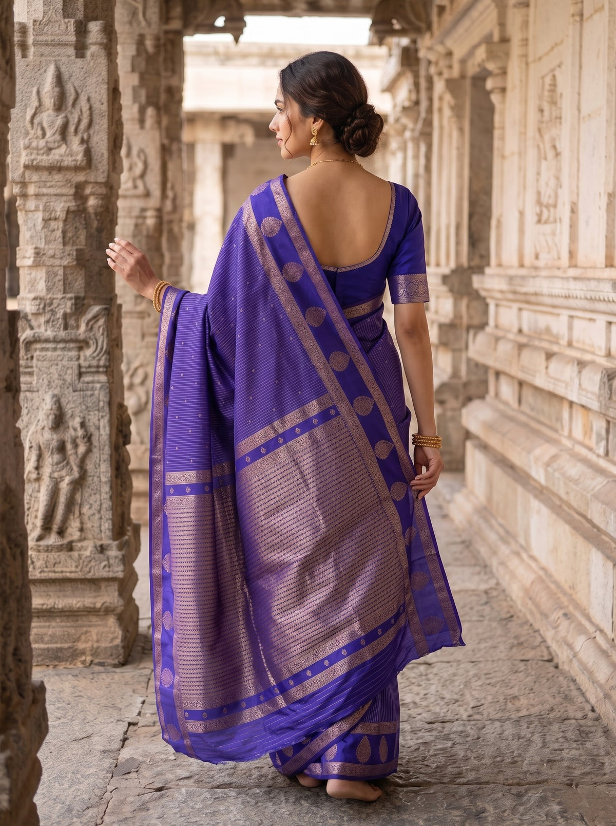 Semi Silk Indigo Woven Zari Stripe Pallu Saree with Large Paisley Motif Border