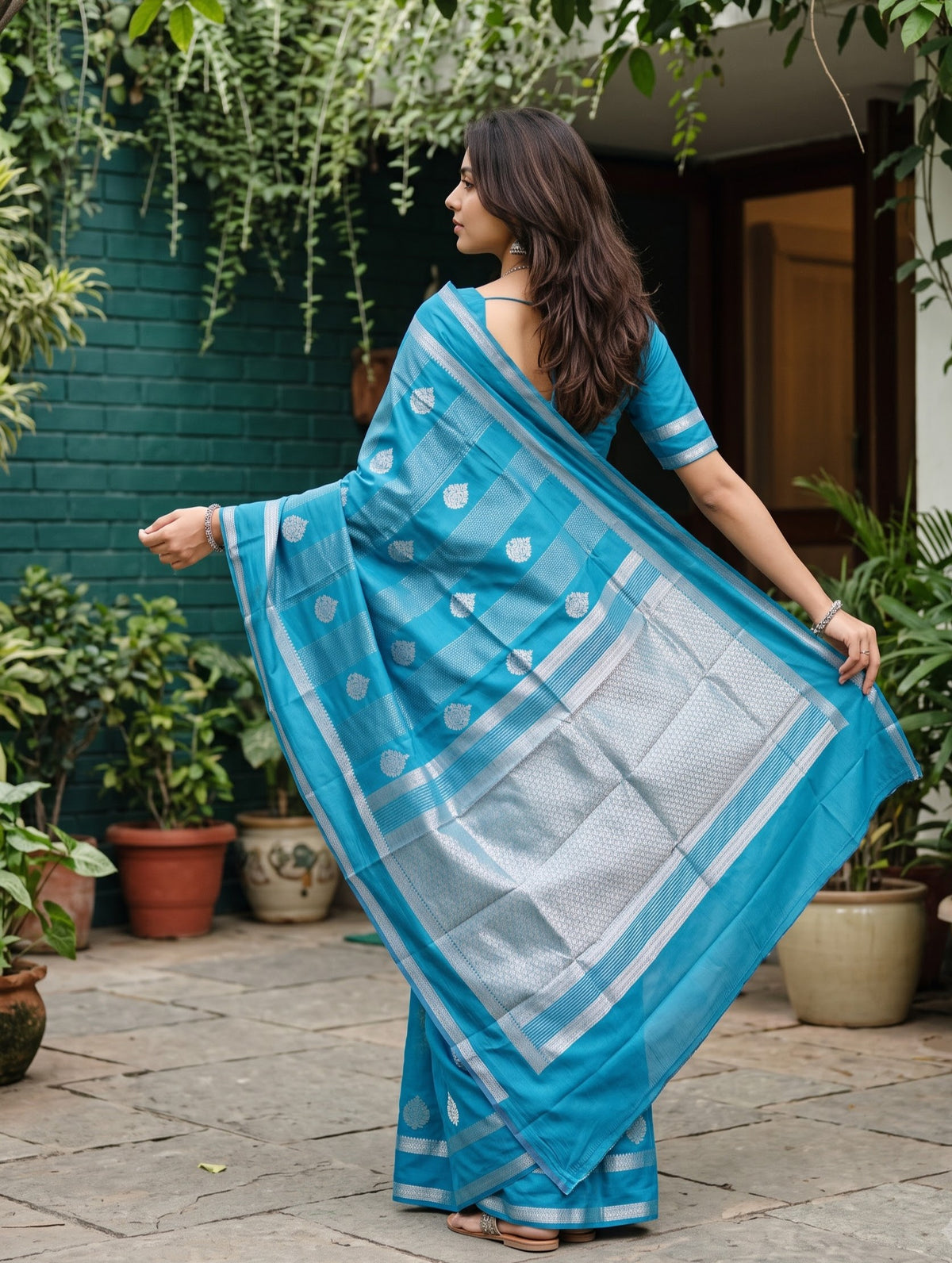 Semi Silk Teal Blue Saree with Silver Zari Jaal Pallu and Dotted Stripe Body