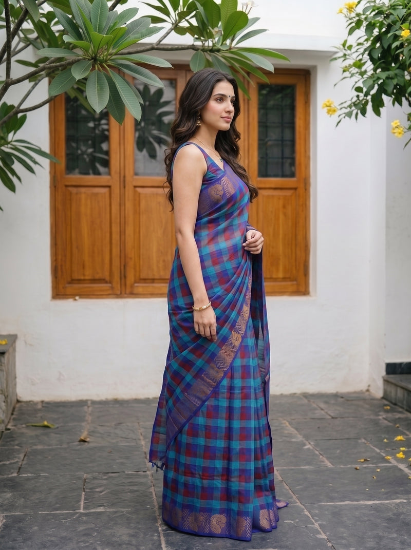 A woman wearing a blue and purple plaid saree stands in profile outdoors in front of a white wall with wooden doors.
