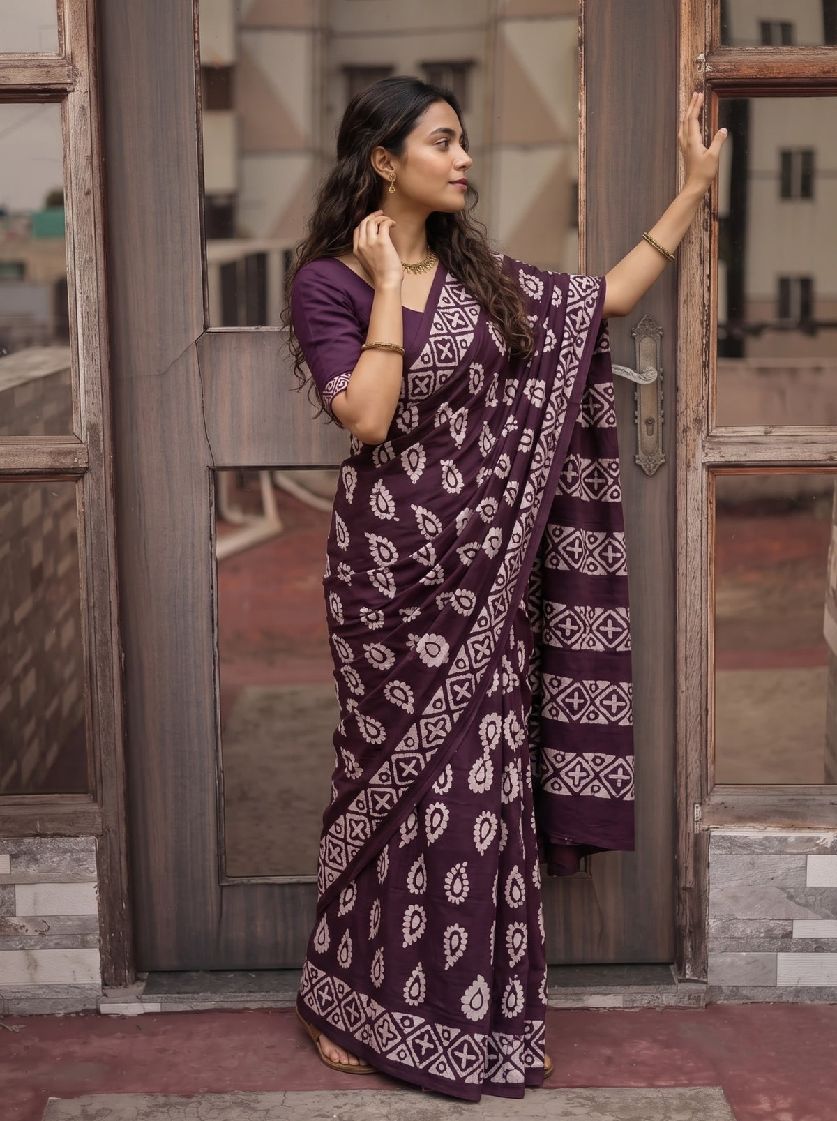 Cotton Wine Maroon Saree with Batik Print Geometric Diamond Striped Pallu and Paisley Body