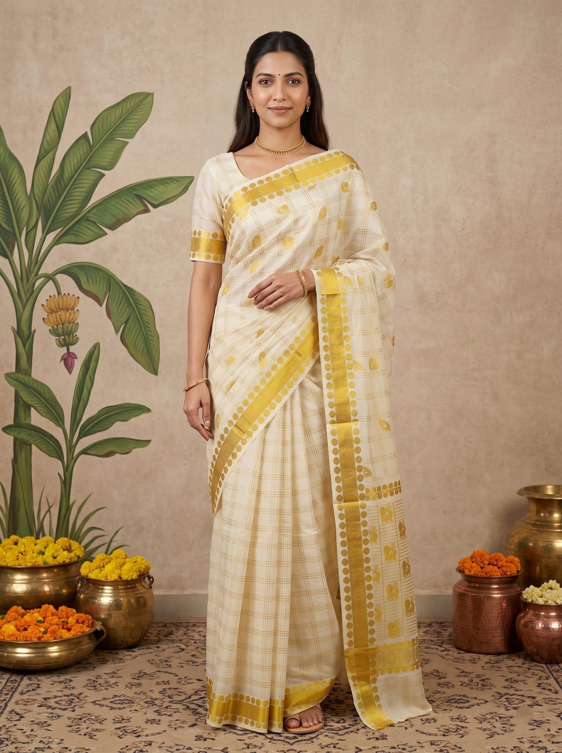 Cotton Cream Checkered Peacock Print with Golden Border Onam Special Kerala Saree