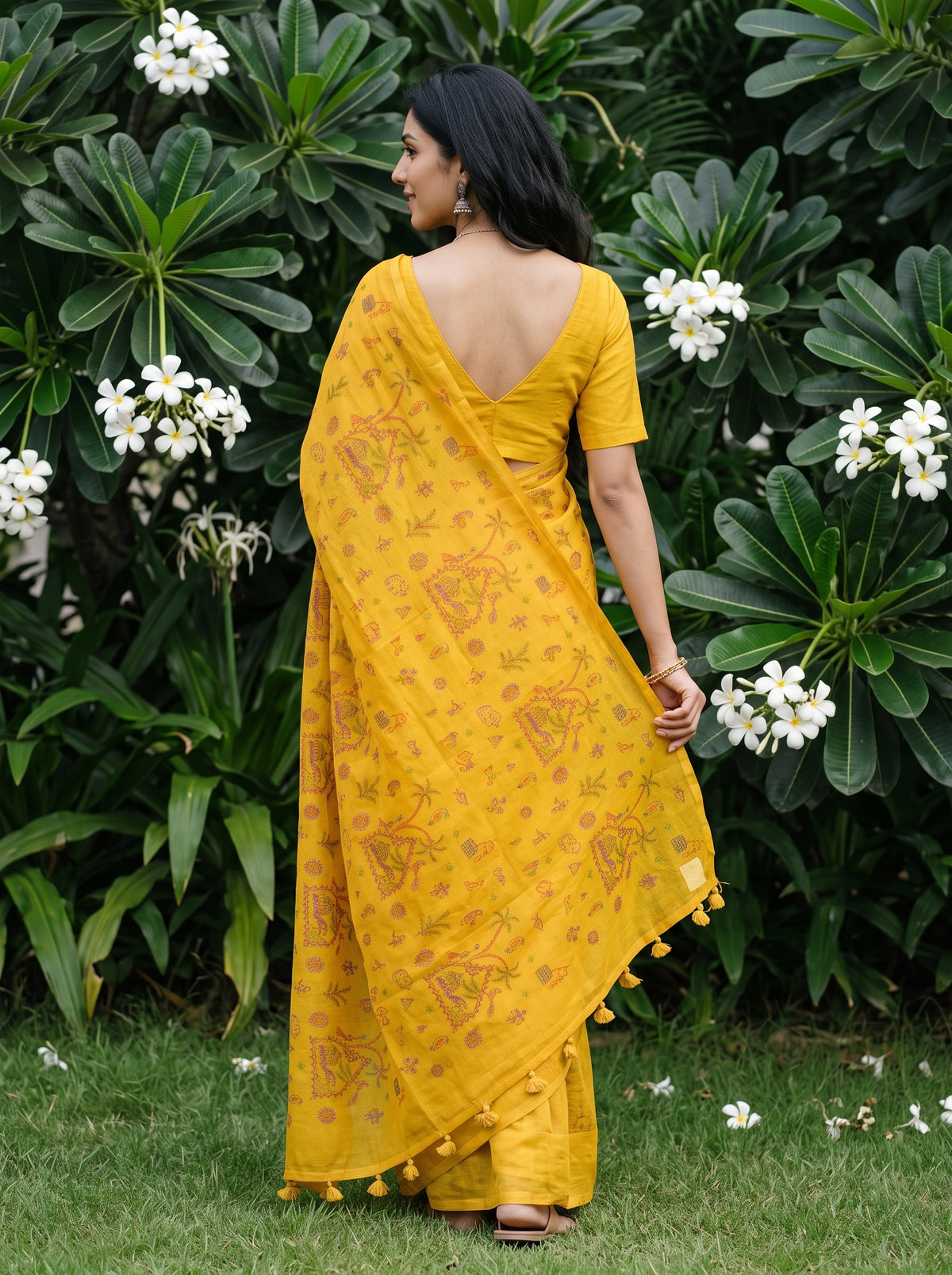 Net Kota Mustard Yellow Warli Tribal Embroidery Saree