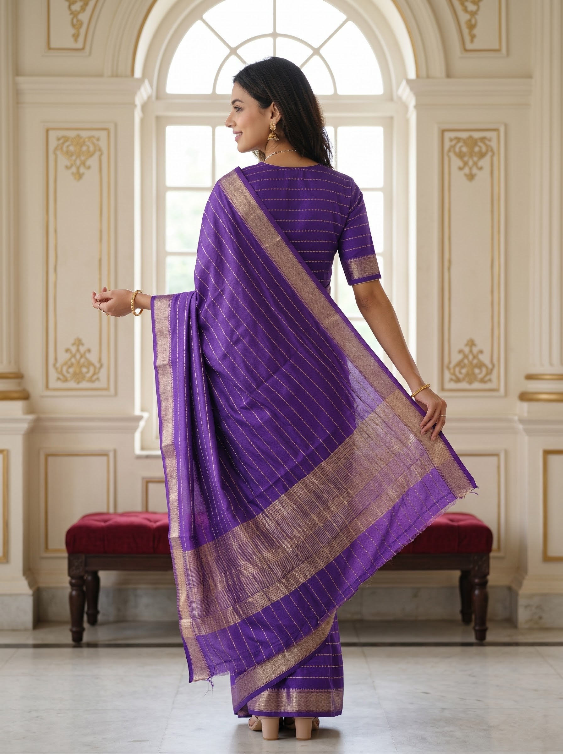Semi Silk Purple Pinstripe Saree with Golden Zari Woven Pallu