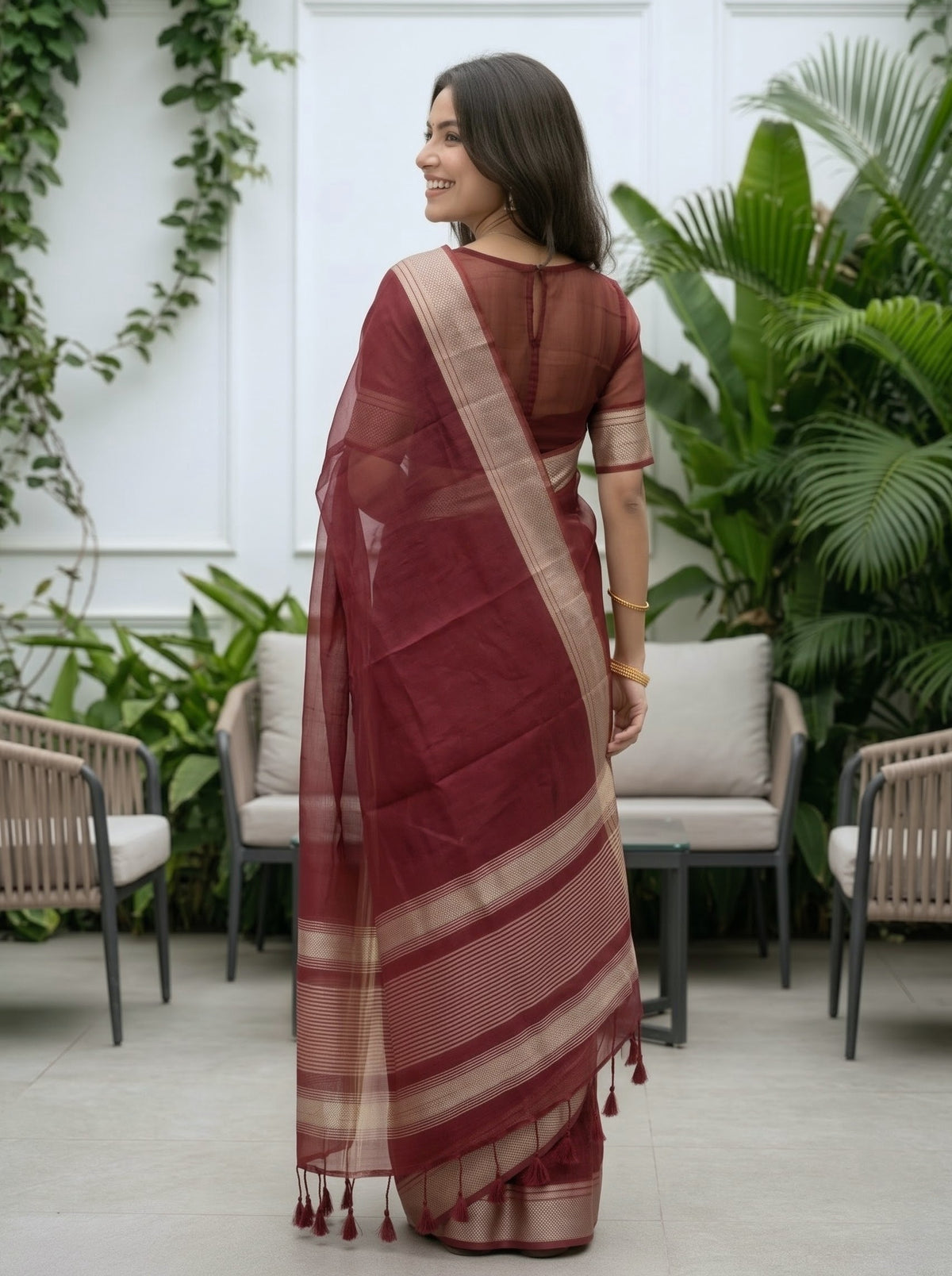 Organza Maroon Copper Striped Border Saree with Tassels