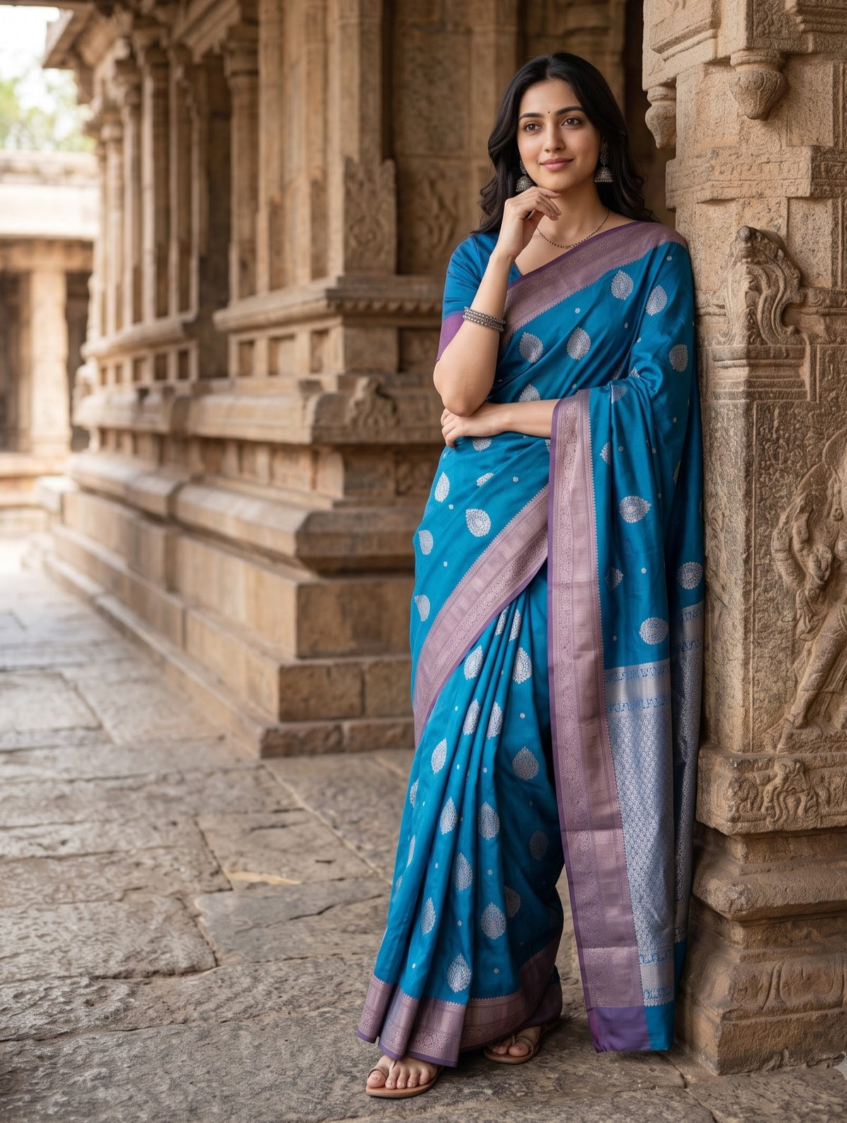 Semi Silk Peacock Blue Saree with Silver Zari Woven Pallu, Leaf Buttas and Contrast Mauve Border