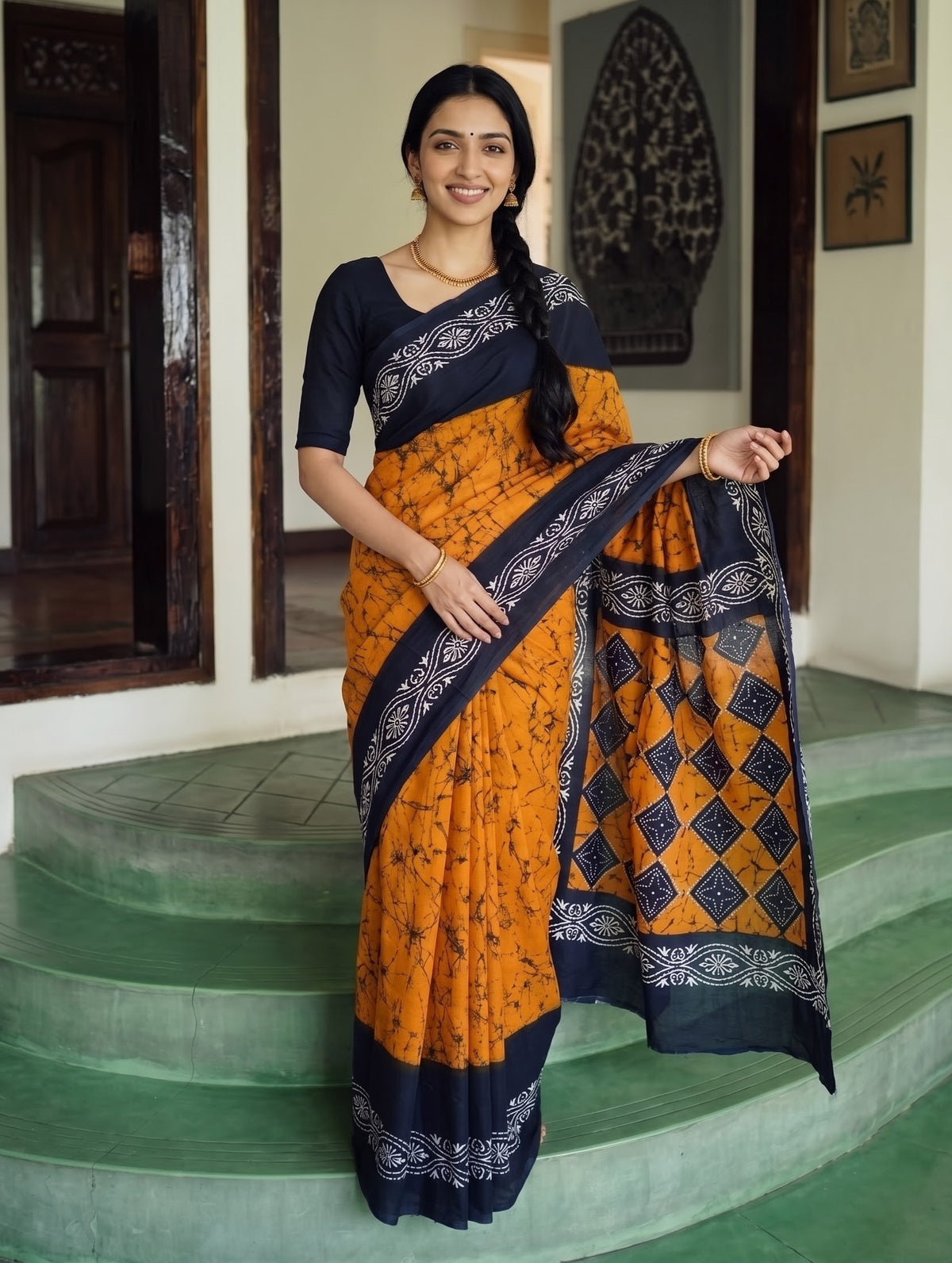 Cotton Orange Batik Print Saree with Navy Blue Diamond Checkered Pallu and Floral Border