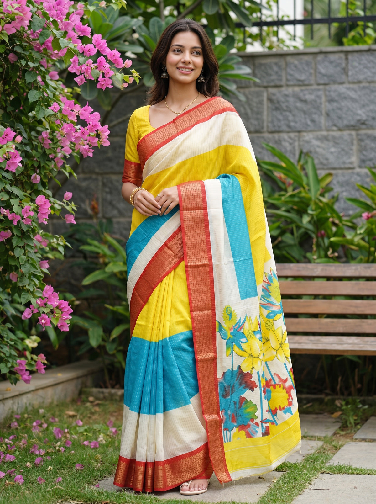 Semi Silk Cream Printed Saree with Yellow Blue Lotus Motif Pallu and Red Border