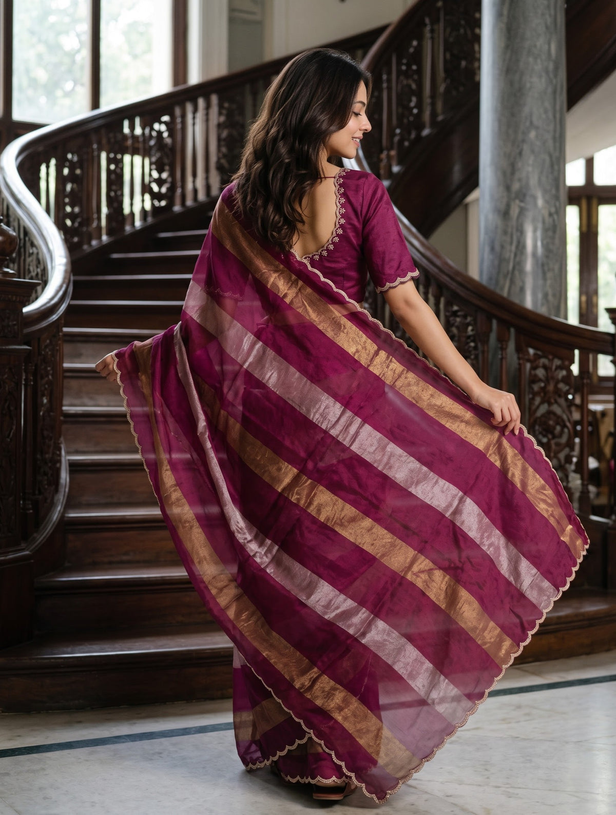 Organza Magenta Golden & Silver Zari Striped Saree with Stone Studded Scalloped Border