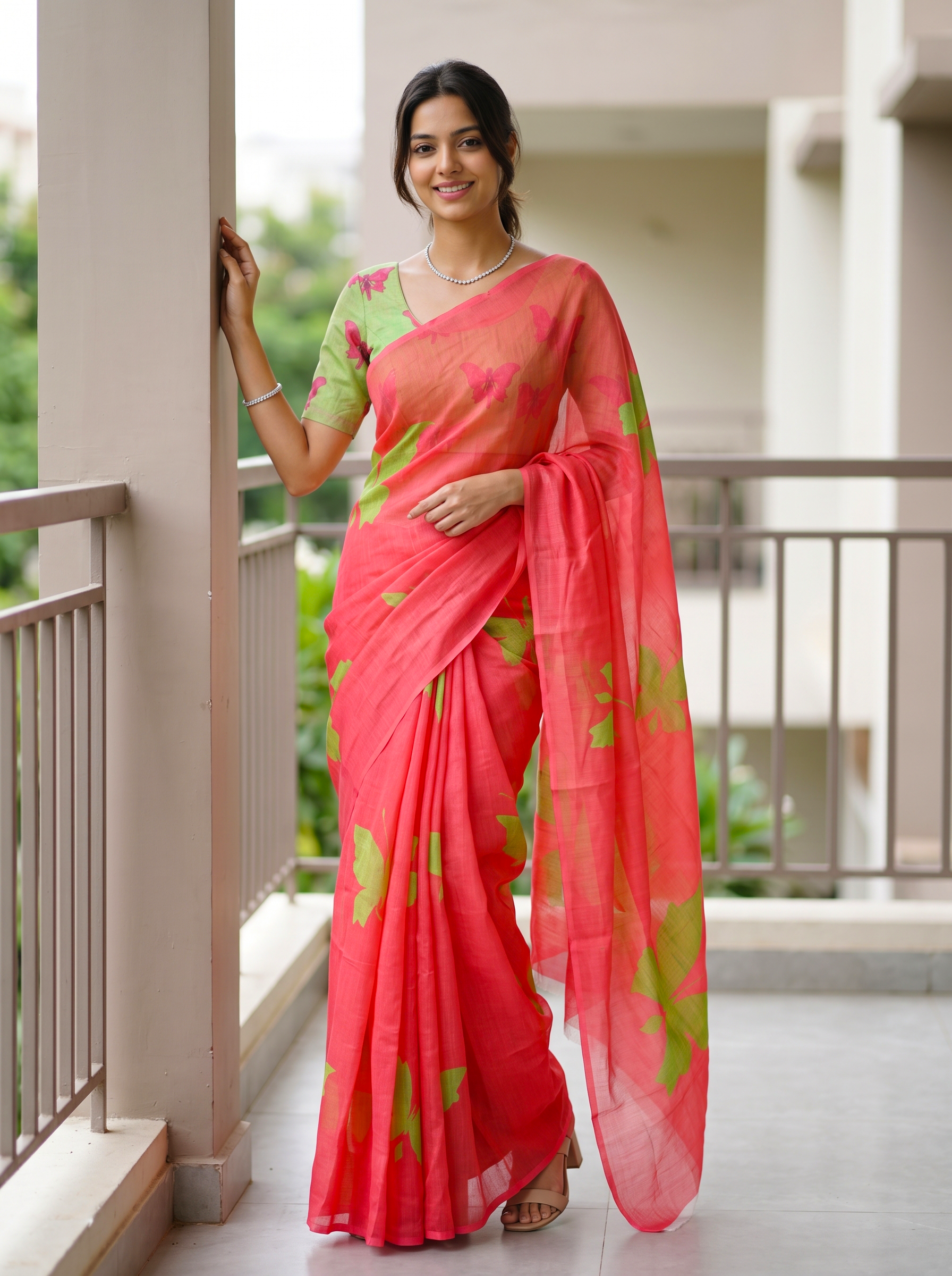 Cotton Pink Saree with Green Color Butterfly Print