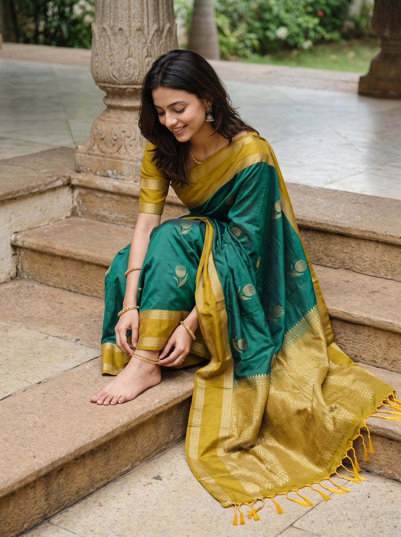 A woman sits barefoot on stone steps wearing a green and mustard yellow silk saree with gold zari motifs and a matching blouse.