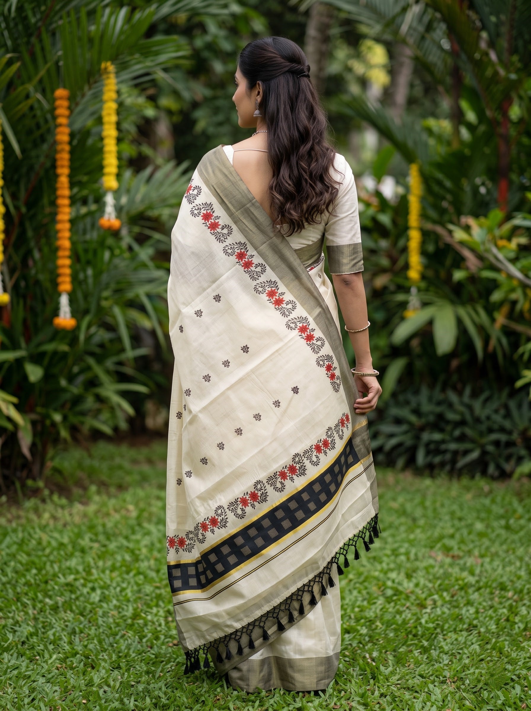 Tissue Cream Golden Border with Red Star Flower Vine Print Onam Special Kerala  Saree