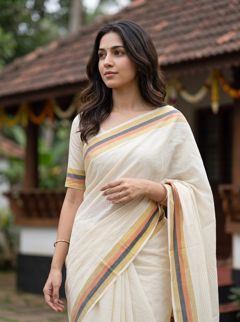 A woman wearing a cream-colored cotton saree with thin orange, yellow, and blue stripes, standing outdoors in front of a traditional house.