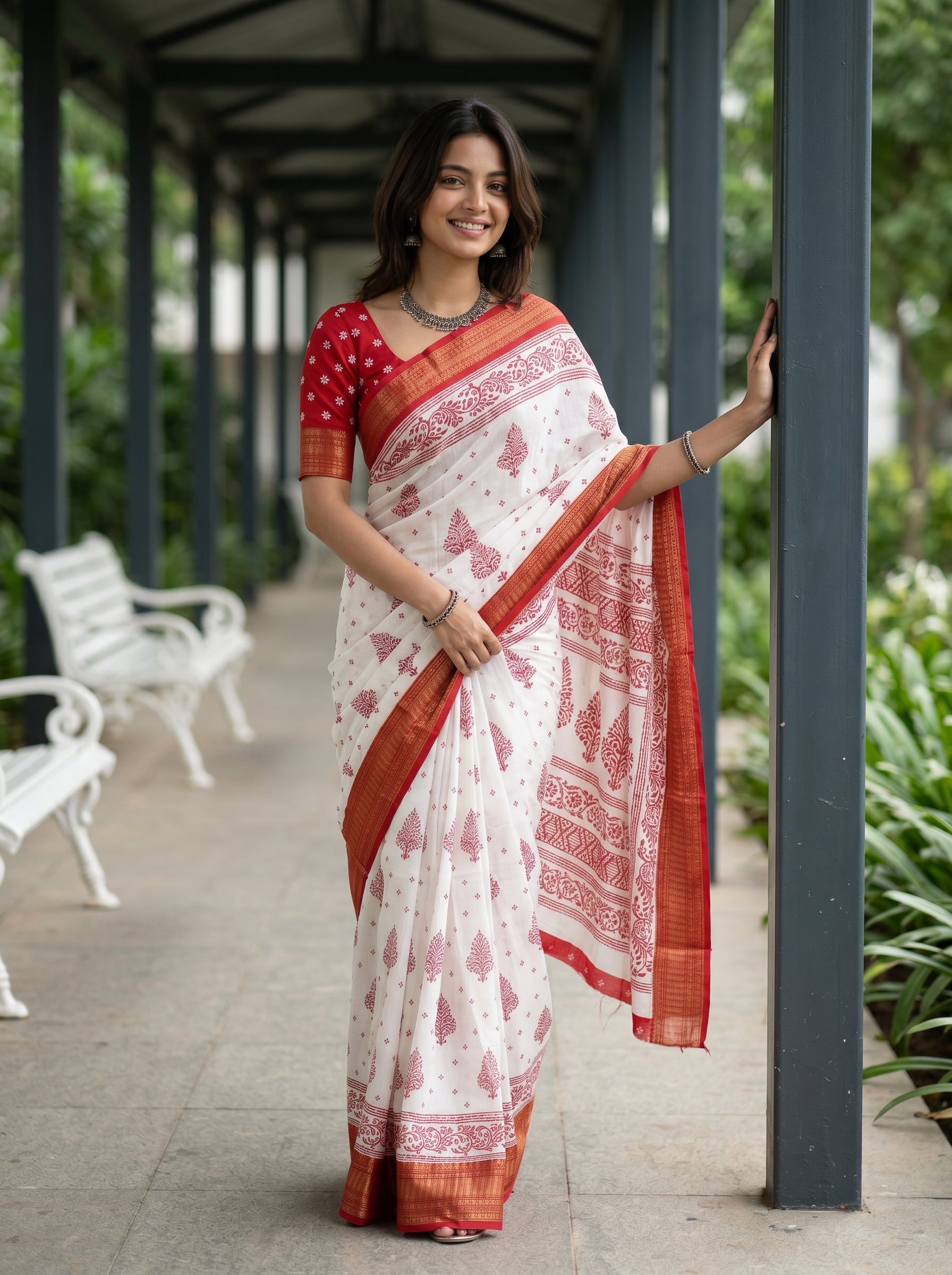 Woman in a red and white saree standing outdoors on a covered walkway.