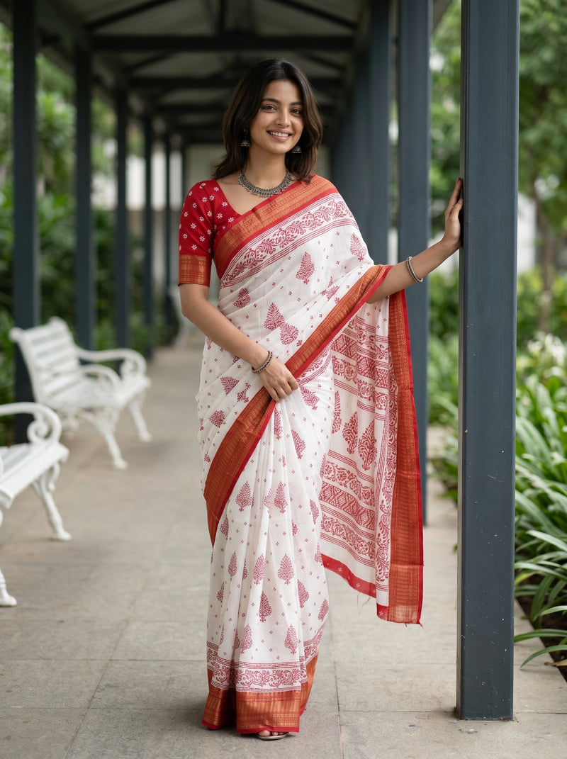 Woman in a red and white saree standing outdoors on a covered walkway.