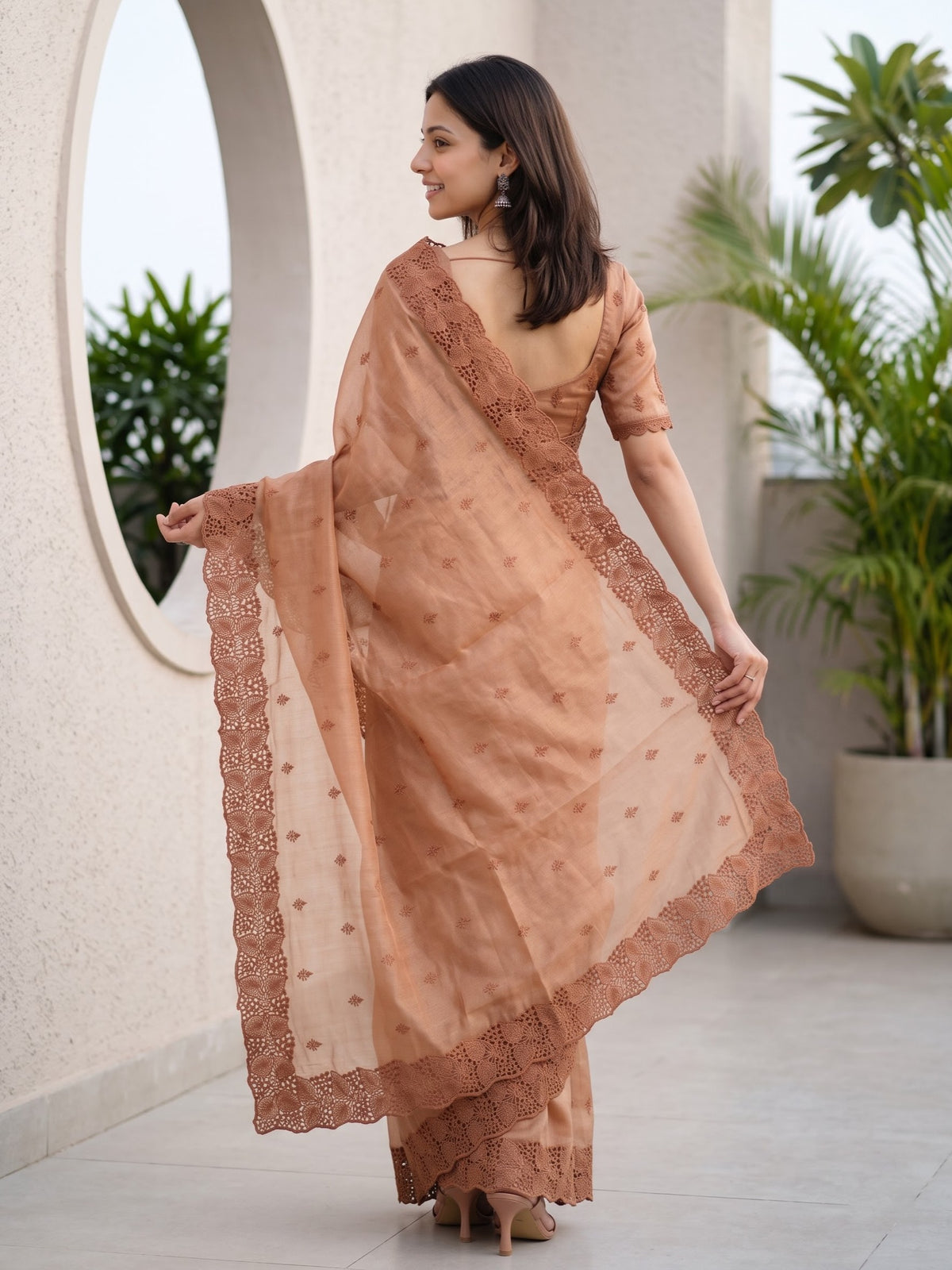 Tissue Silk Copper Rust Cutwork Lace Border Saree