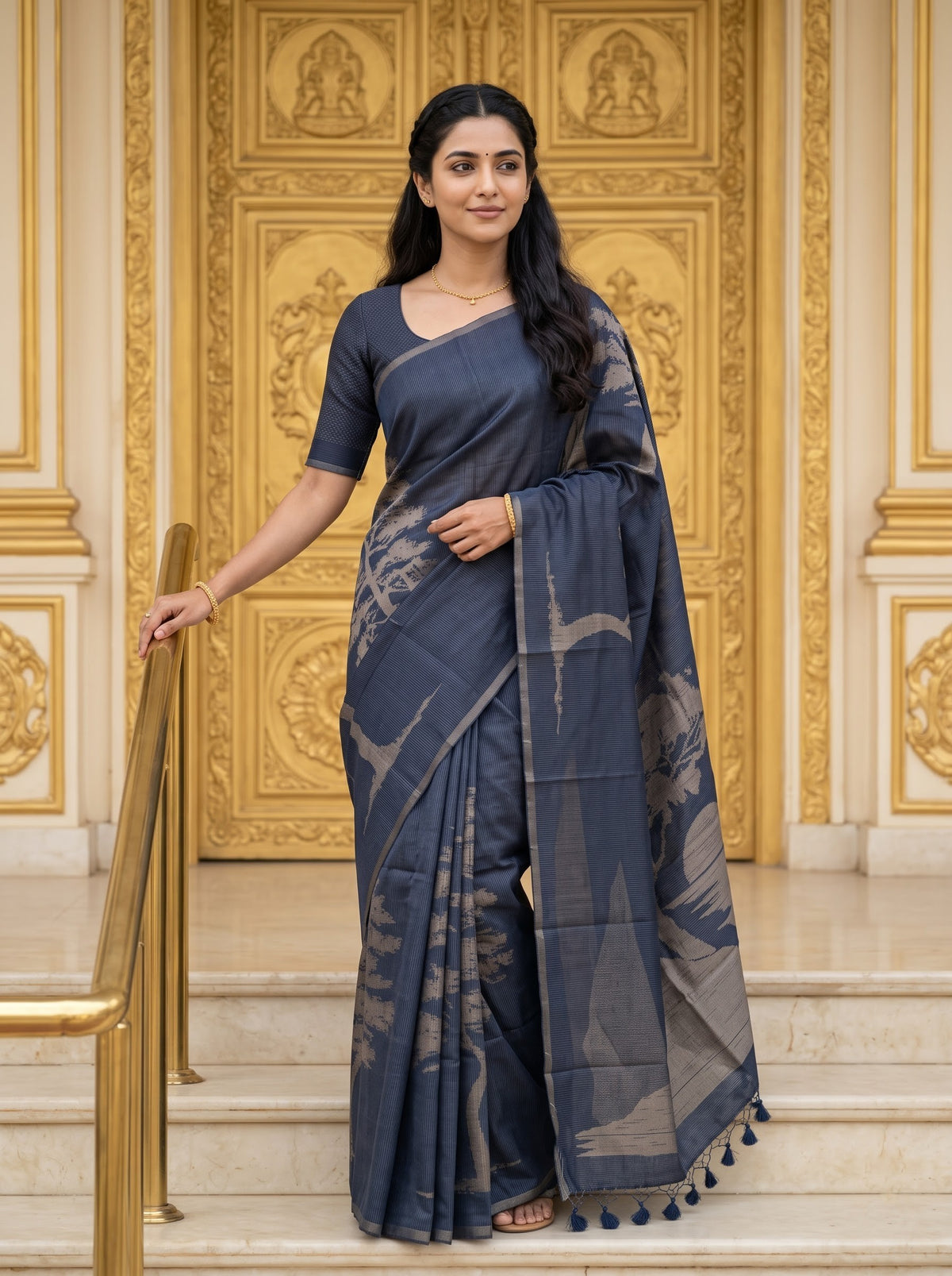 Matka Silk Navy Blue Saree with Woven Sunset Mountain Tree Motif