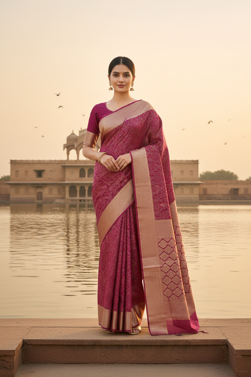 Georgette Banarasi  Magenta Floral Brocade Saree