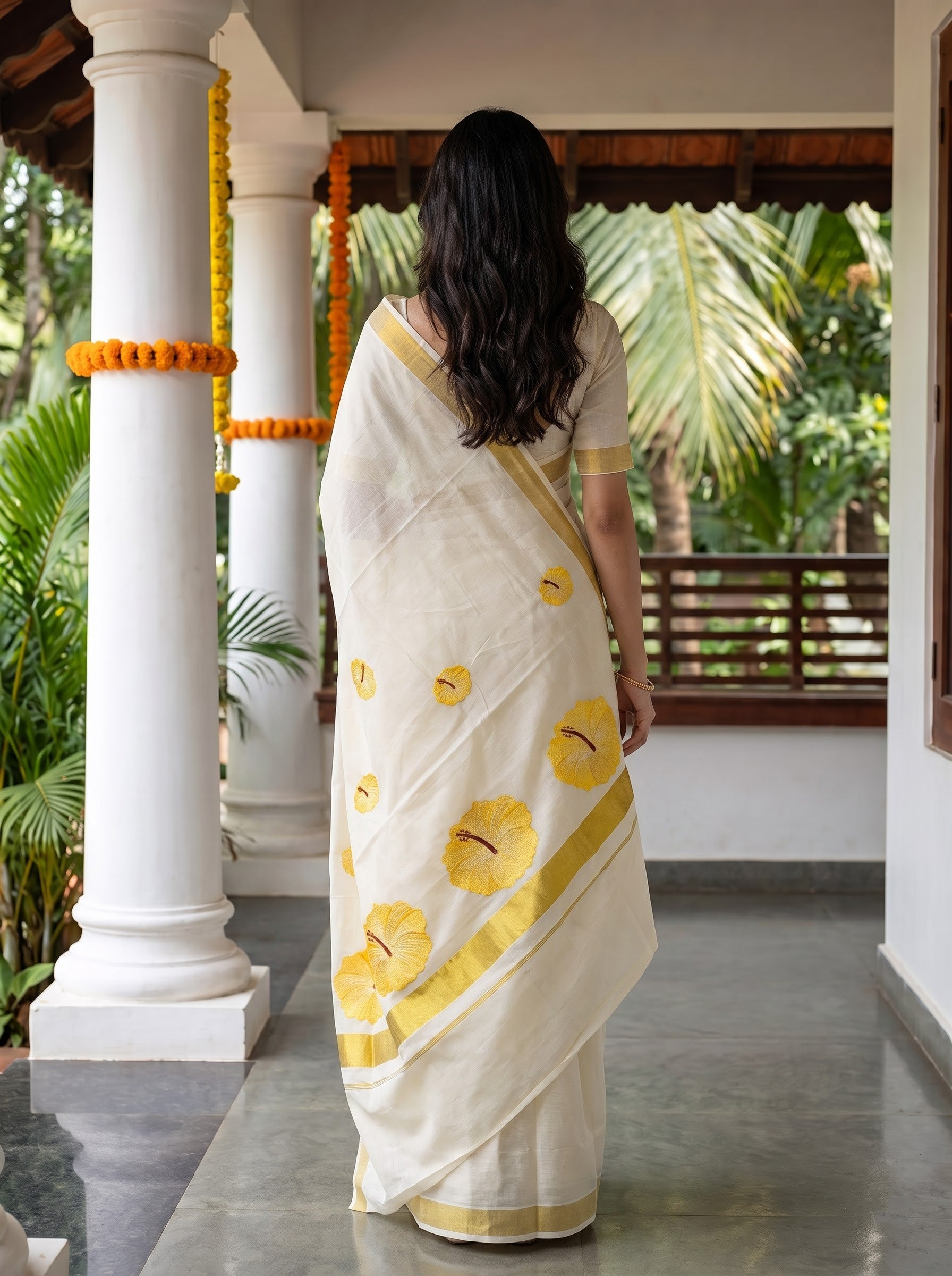 Cotton Cream Yellow Hibiscus Print with Golden Border Onam Special Kerala Saree