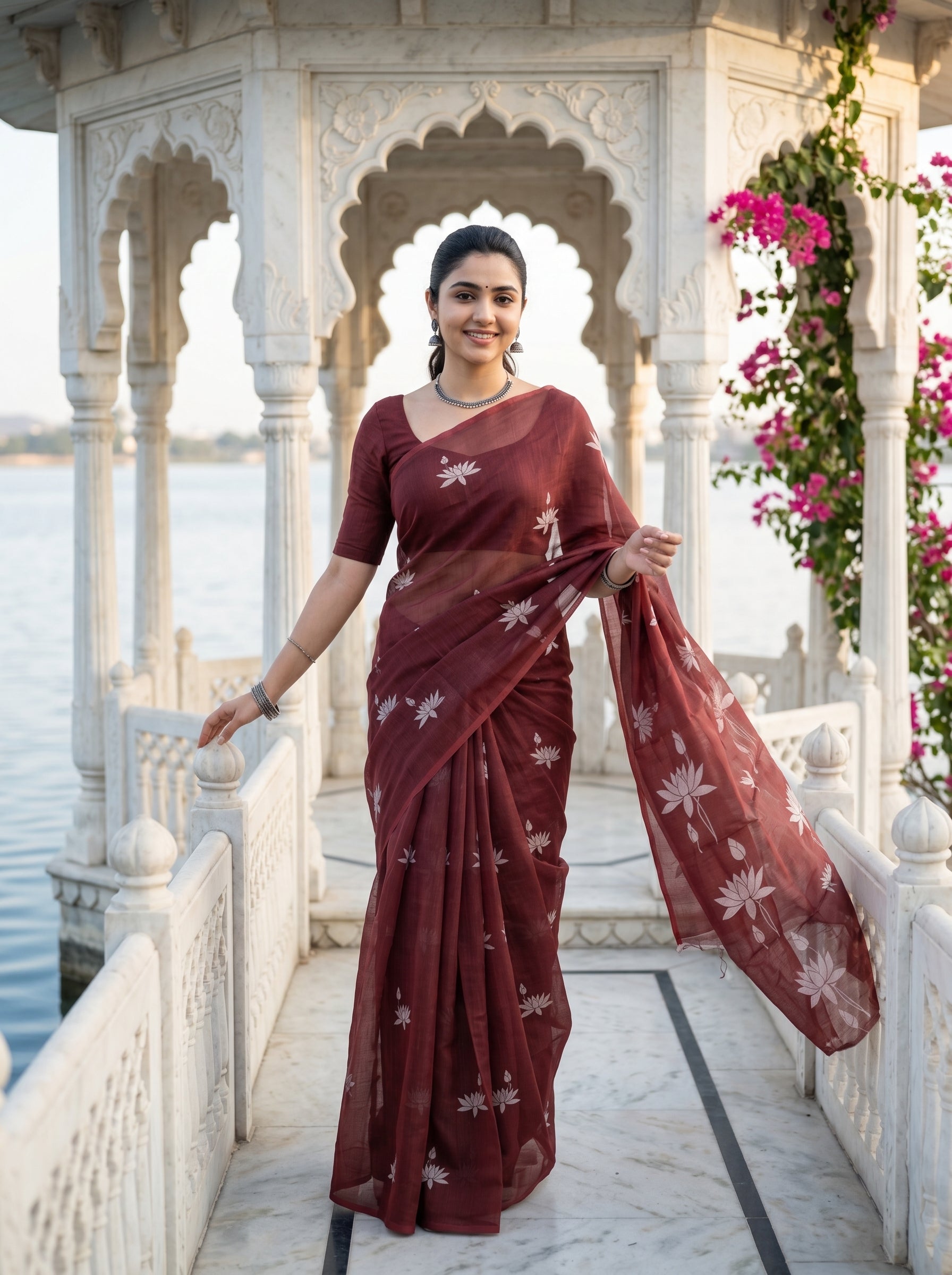Woman in a maroon saree with white patterns standing on a marble platform with floral decorations.