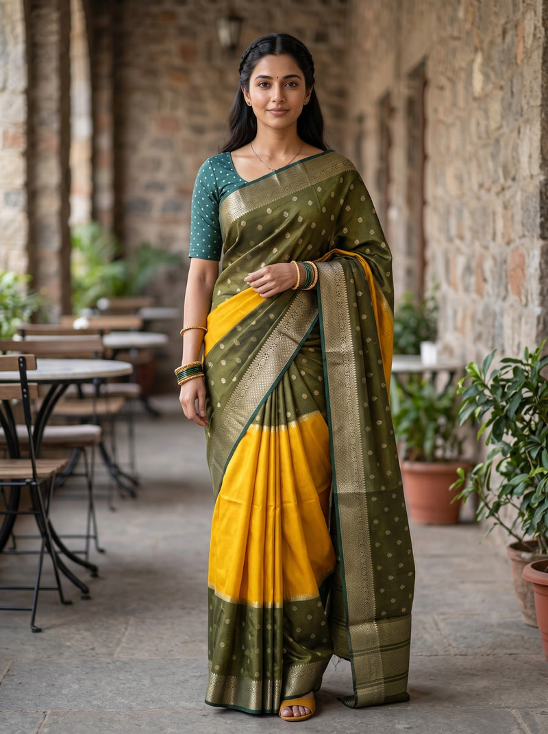 A woman wearing a traditional Indian saree stands in a stone corridor. The saree is olive green with gold zari patterns and a bright yellow lower panel, paired with a teal green embroidered blouse.