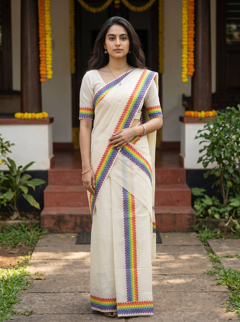 A woman stands outdoors in front of a doorway wearing a cream-colored sari with vibrant multicolored striped borders. The sari has short sleeves with matching striped cuffs, and she is wearing a simple white blouse.