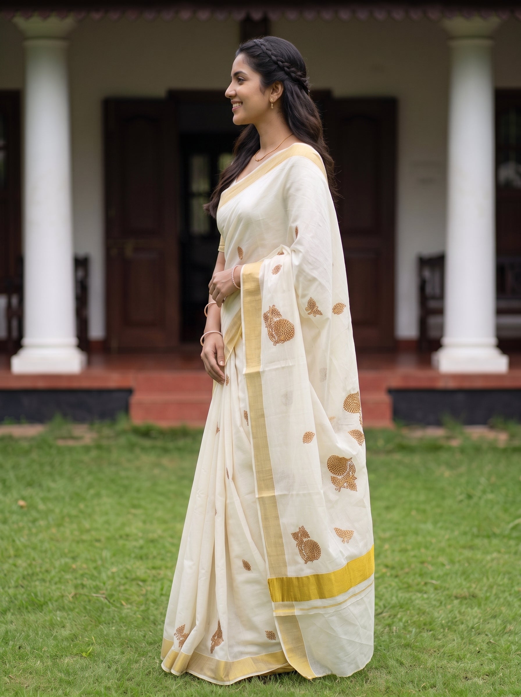 A woman wearing a cream-colored cotton saree with gold floral prints and a yellow border, standing outdoors on a green lawn in front of a building with white pillars.