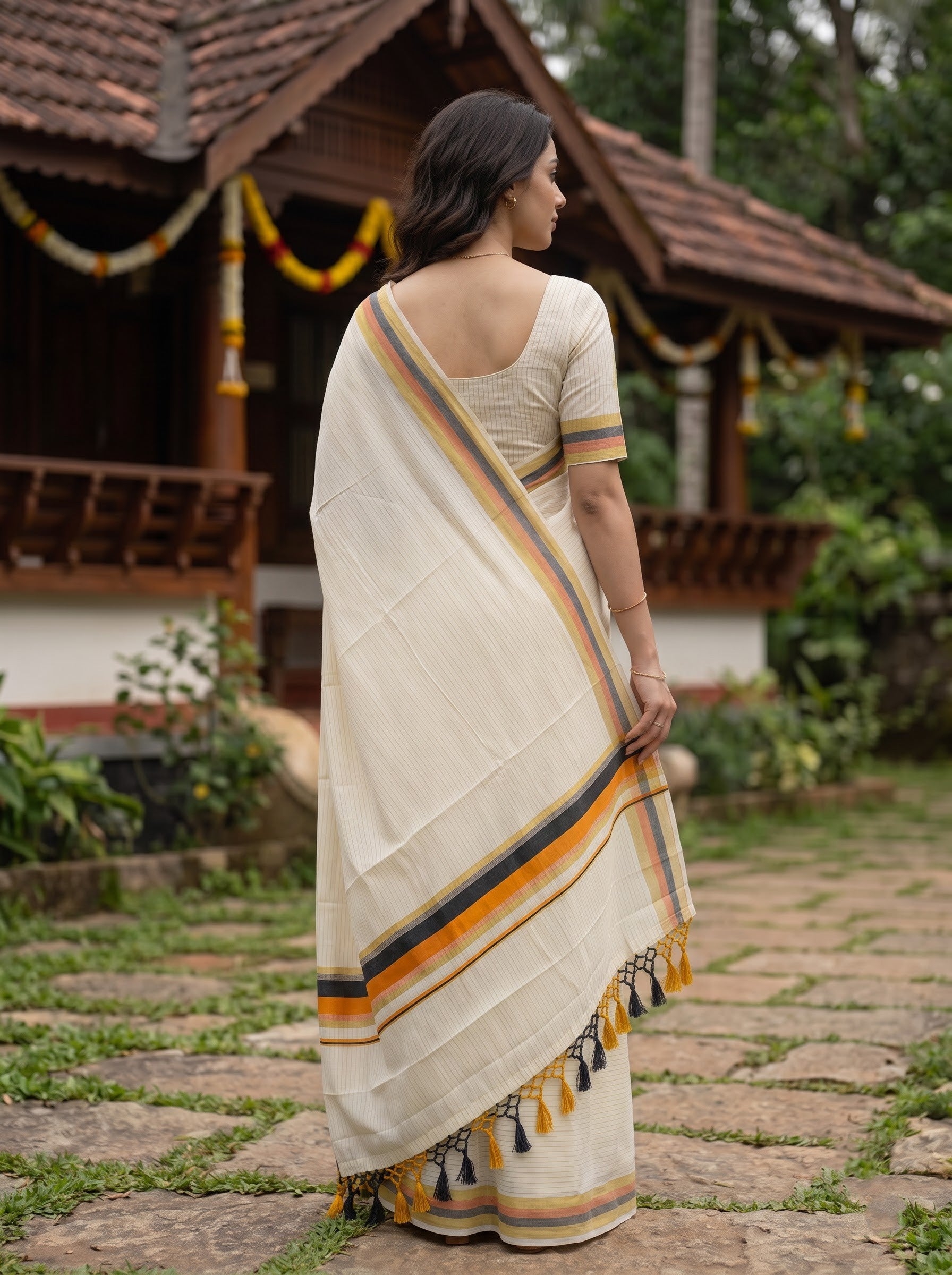 A woman wearing a cream-colored cotton saree with yellow, orange, and navy stripes, standing outdoors in front of a traditional house.