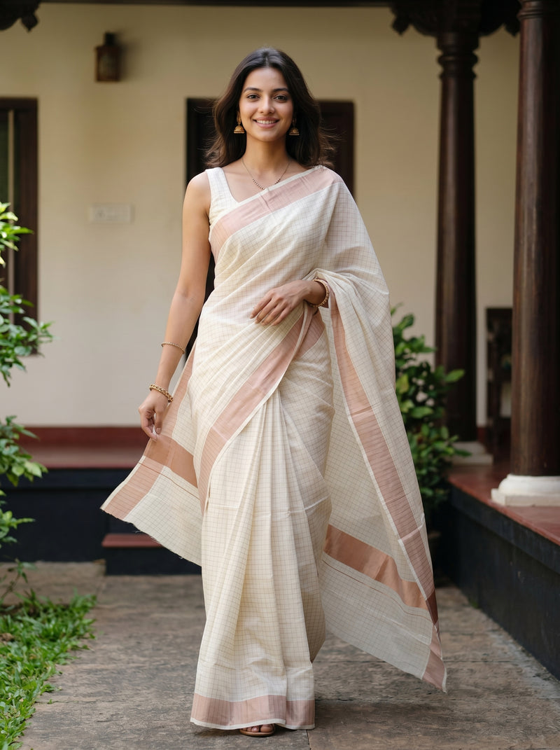 Woman in a white saree with pink stripes standing outdoors.