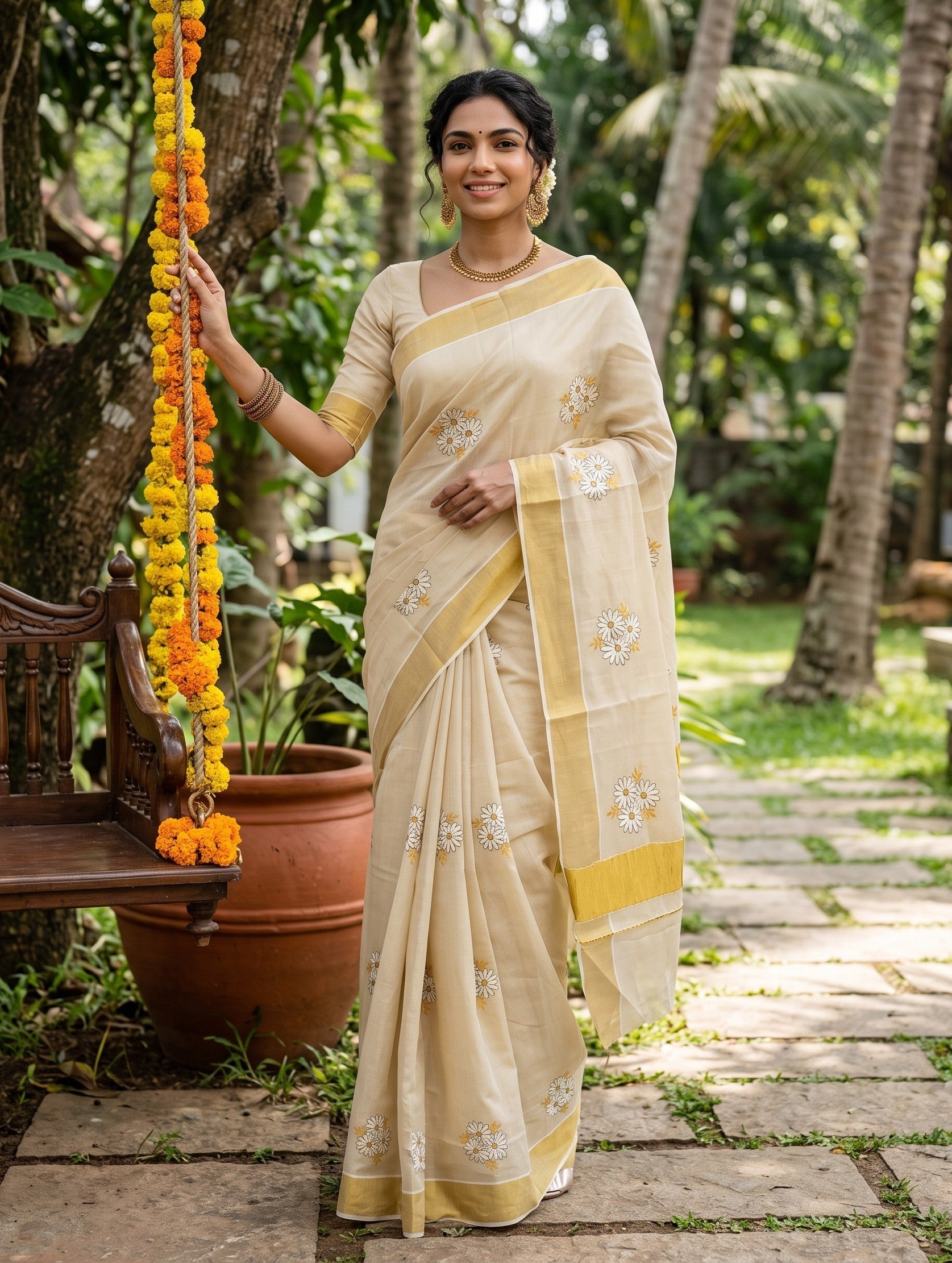 A woman wearing a light beige and yellow saree with floral embroidery stands outdoors in a garden setting next to a hanging marigold garland.